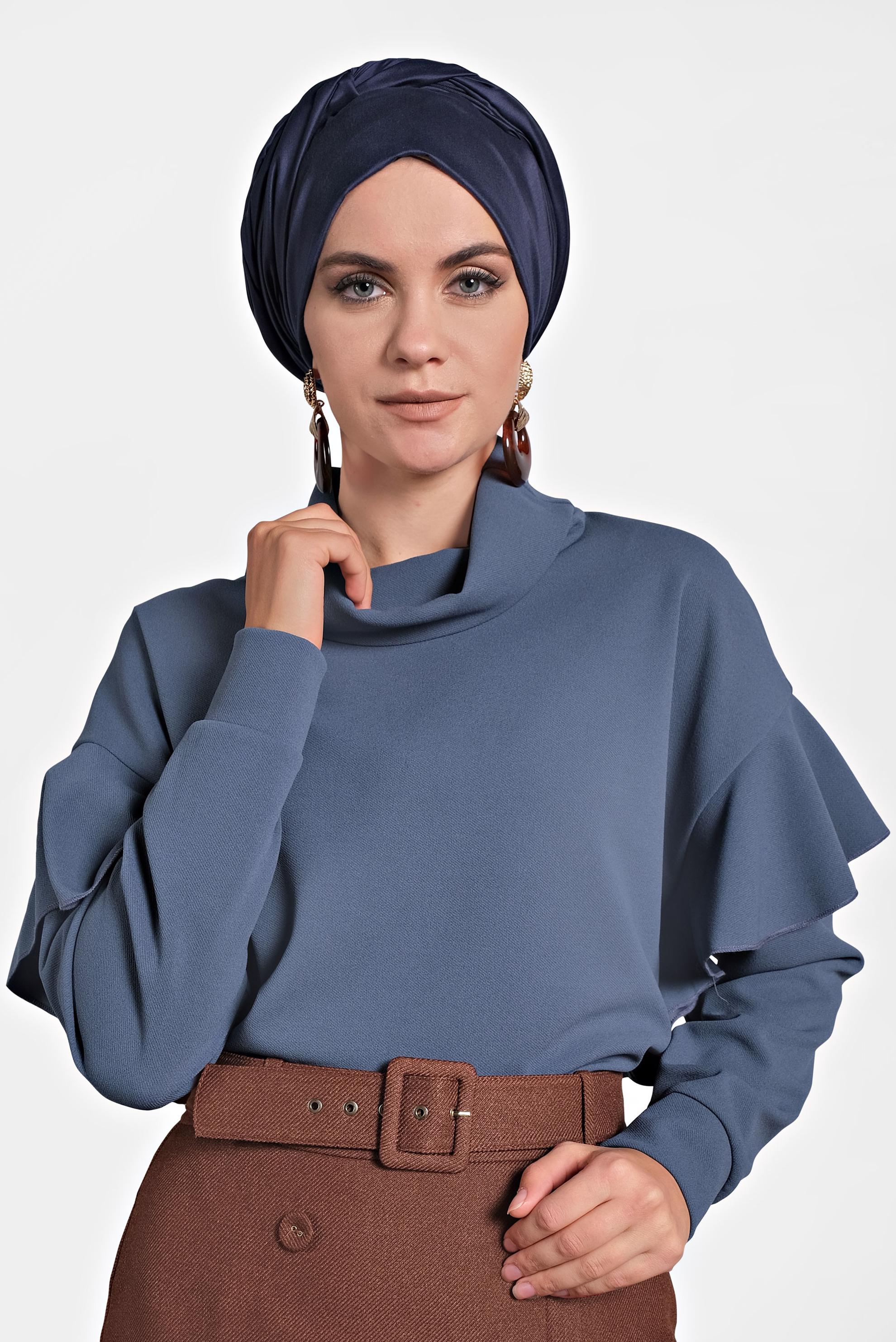 Tesettür giyim LACİVERT ŞAL YAKA VOLANLI BLUZ 40117 