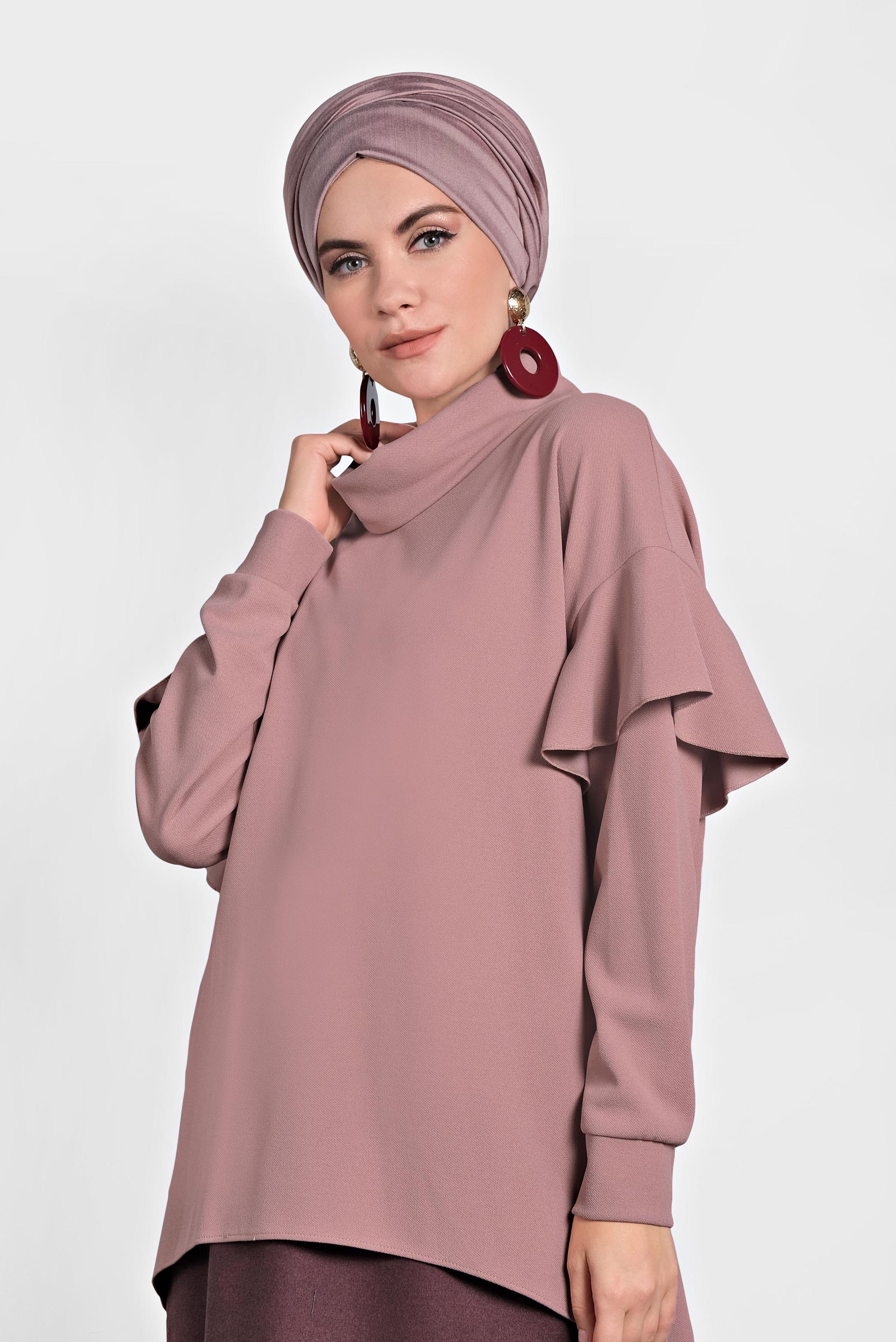 Tesettür giyim PEMBE ŞAL YAKA VOLANLI BLUZ 40117 