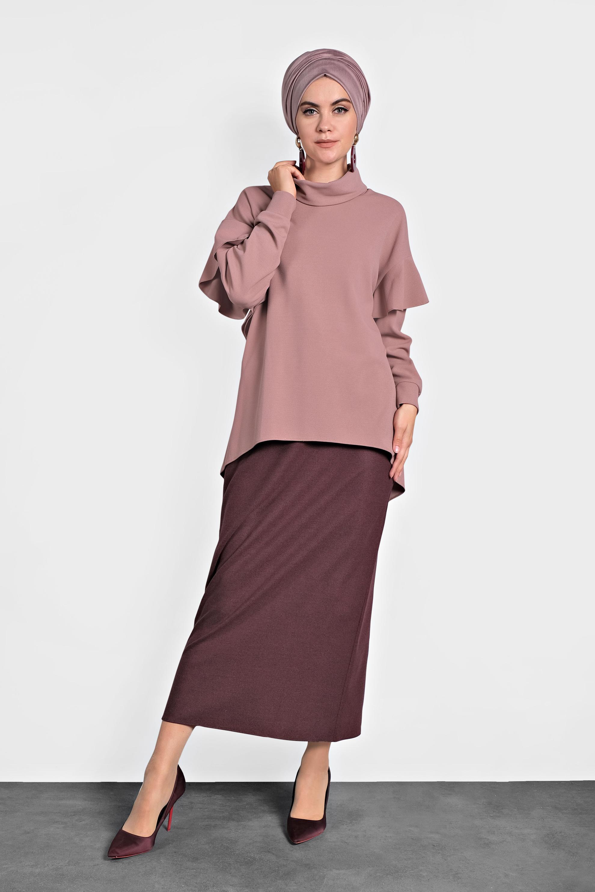 Tesettür giyim PEMBE ŞAL YAKA VOLANLI BLUZ 40117 
