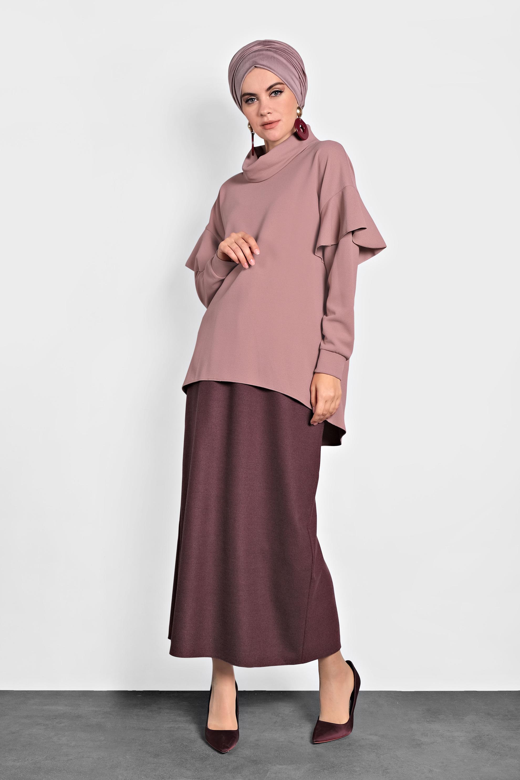 Tesettür giyim PEMBE ŞAL YAKA VOLANLI BLUZ 40117 