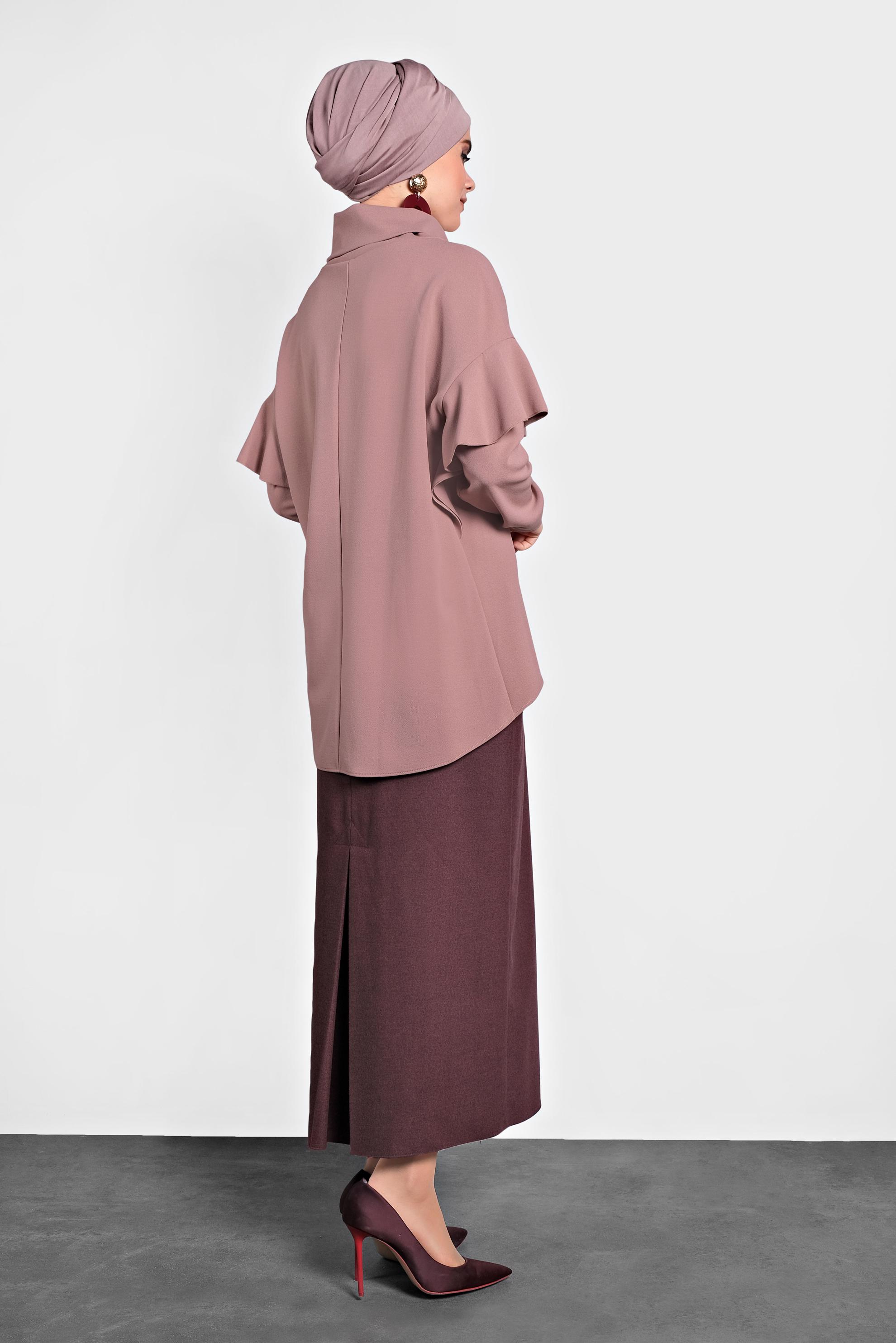 Tesettür giyim PEMBE ŞAL YAKA VOLANLI BLUZ 40117 