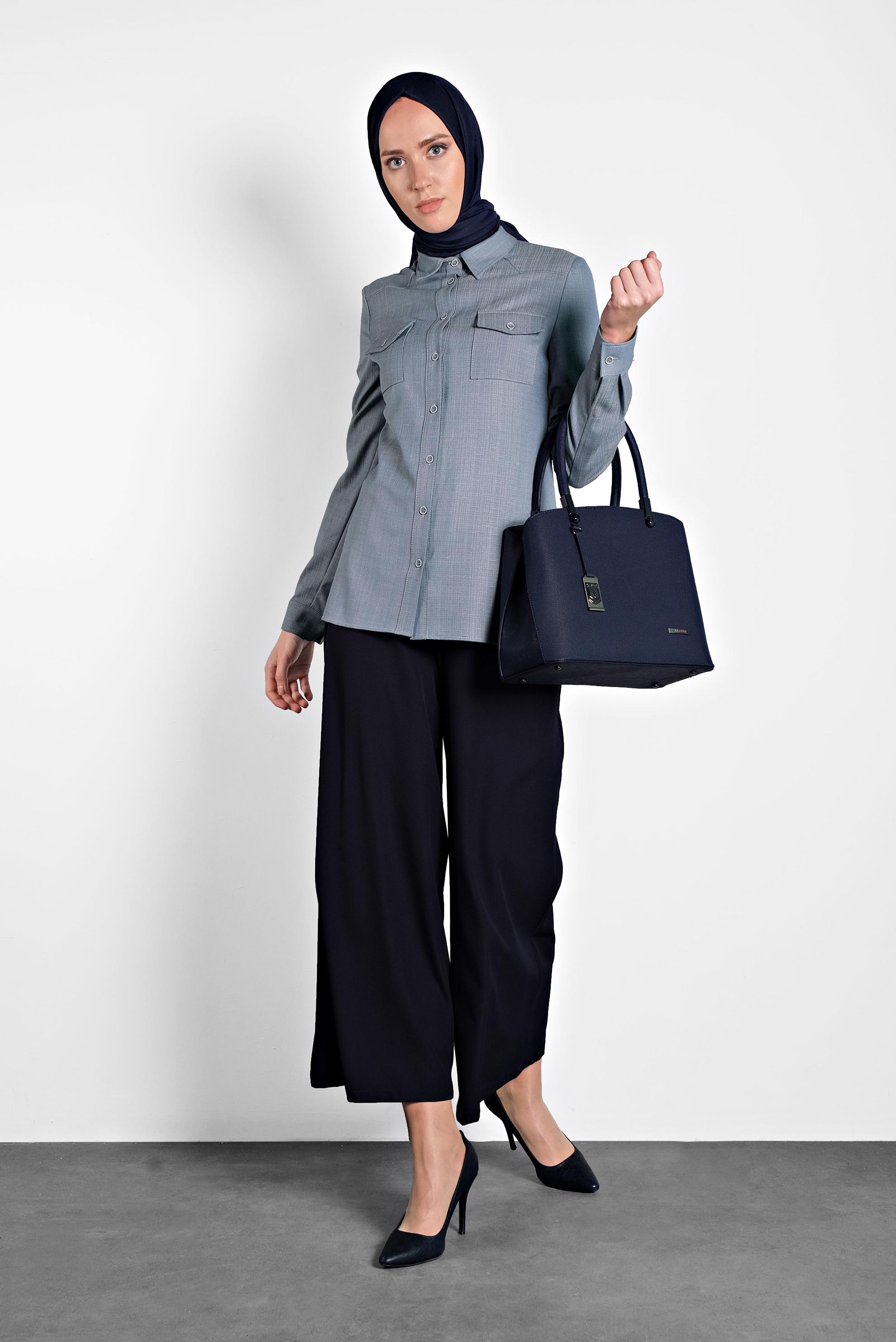 Tesettür giyim MAVİ DÜĞMELİ ERKEK YAKA BLUZ 40153