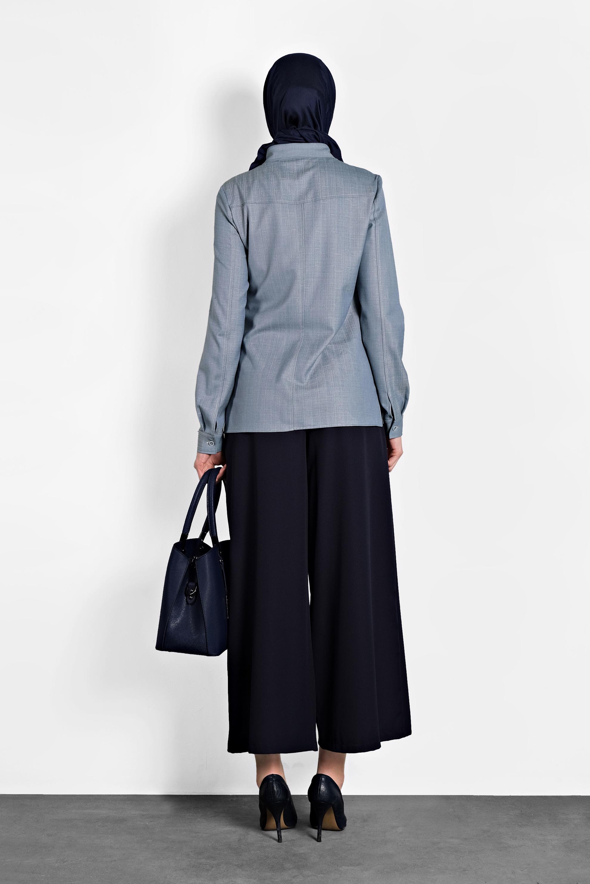 Tesettür giyim MAVİ DÜĞMELİ ERKEK YAKA BLUZ 40153