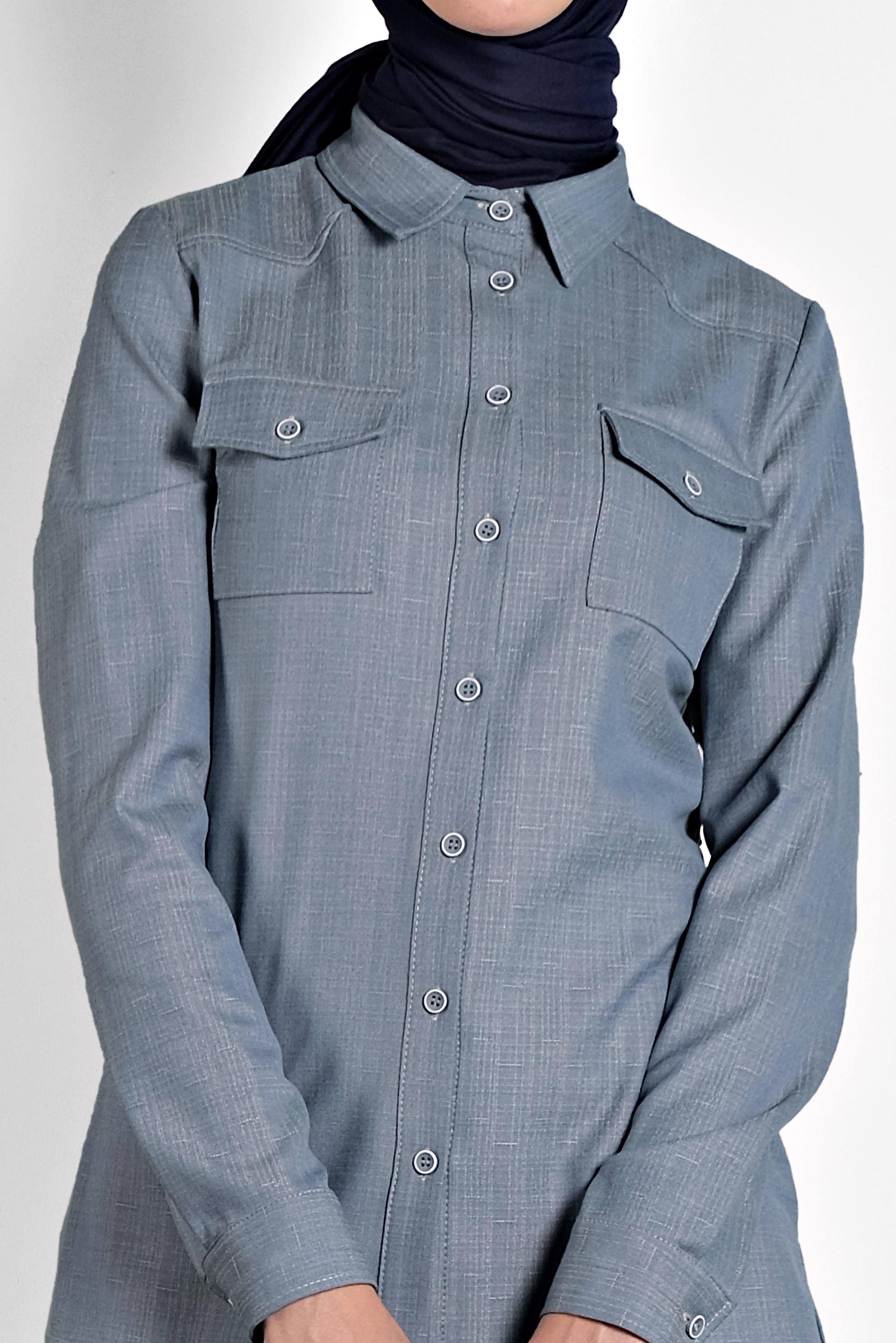 Tesettür giyim MAVİ DÜĞMELİ ERKEK YAKA BLUZ 40153