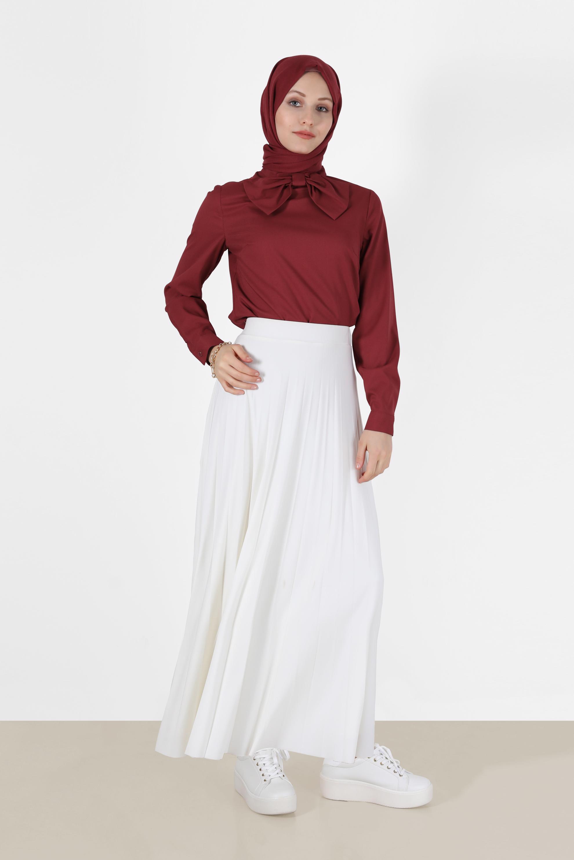 Tesettür giyim BORDO FİYONK DETAYLI ARKADAN FERMUARLI BLUZ 40202 