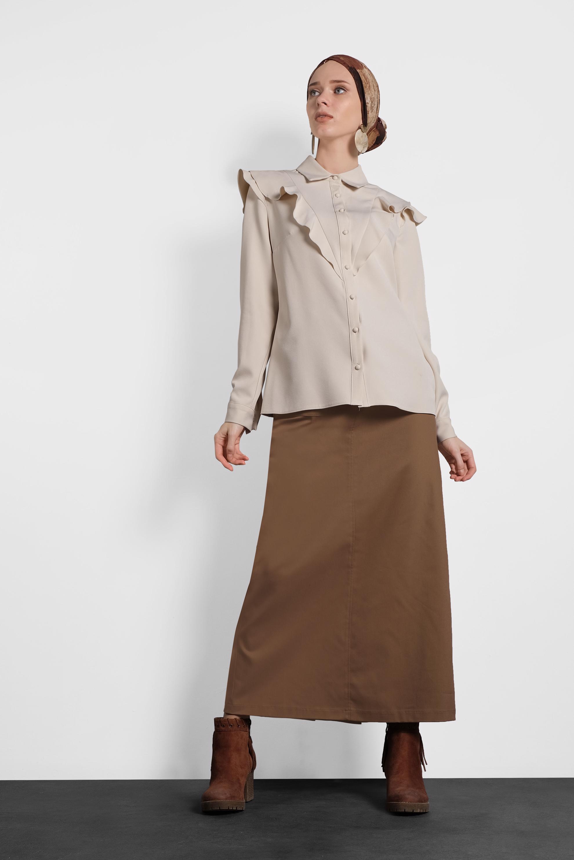 Tesettür giyim BEJ ROBA FIRFIRLI BLUZ 40319