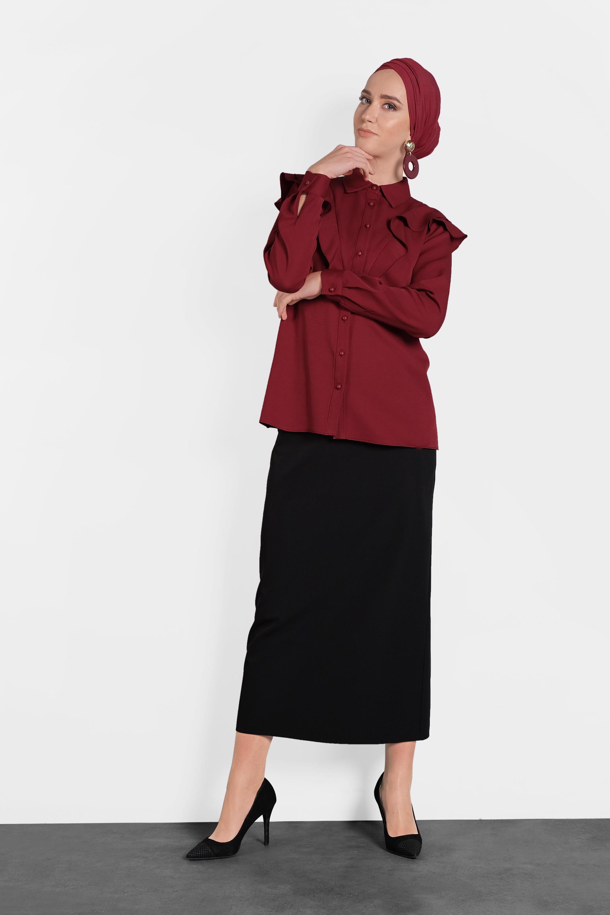 Tesettür giyim BORDO ROBA FIRFIRLI BLUZ 40319