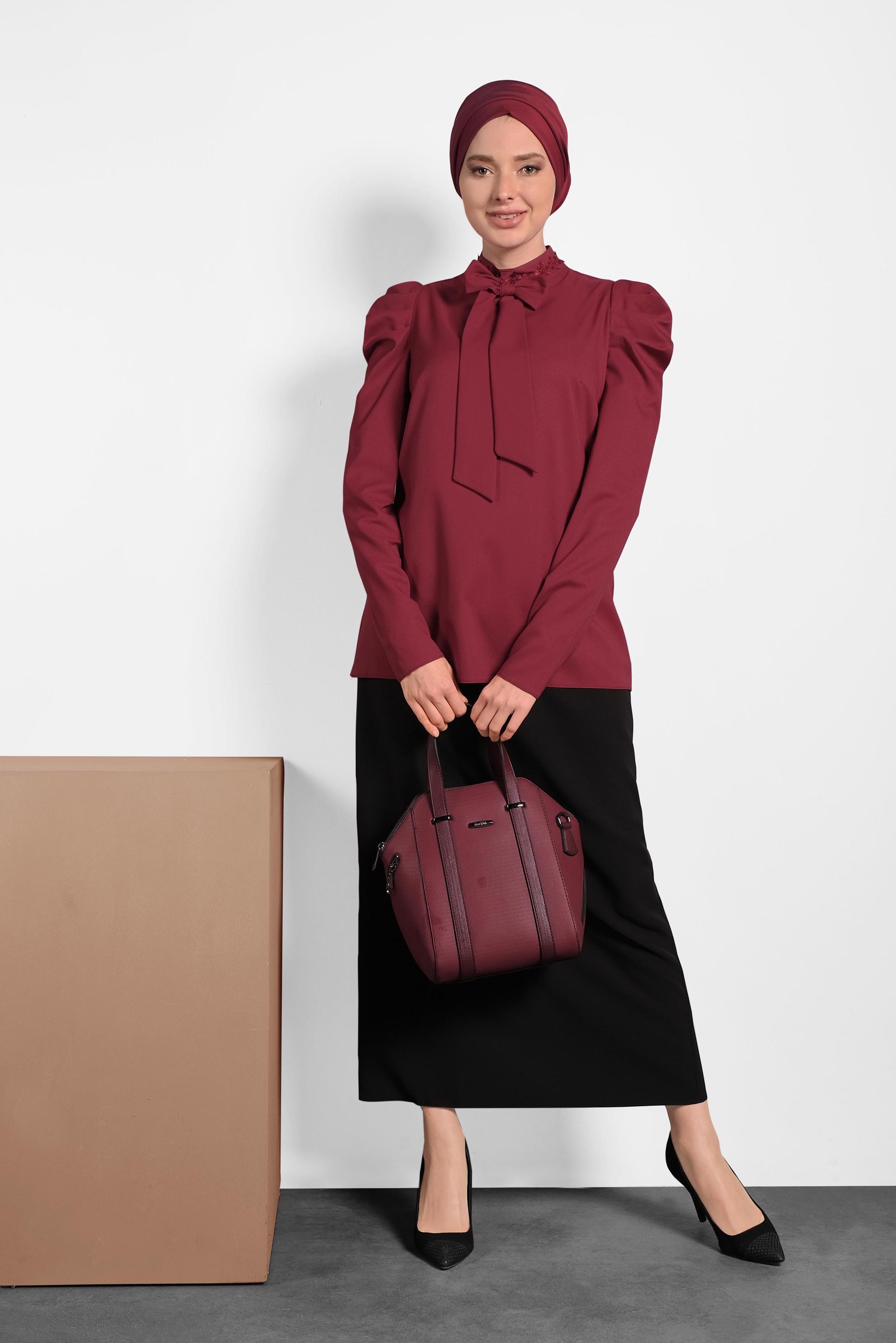 Tesettür giyim BORDO KARPUZ KOL YAKASI BAĞLI BLUZ 40333