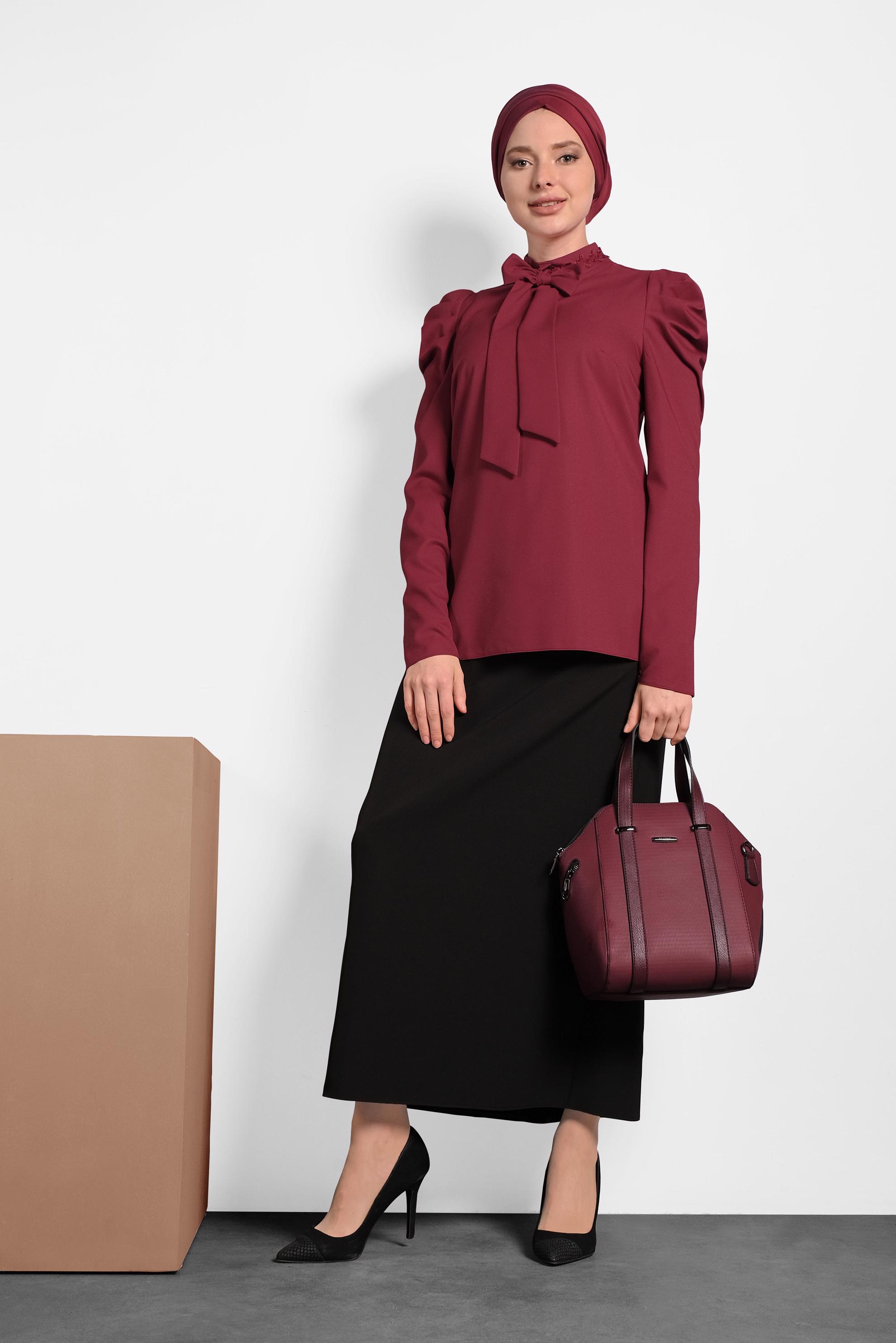 Tesettür giyim BORDO KARPUZ KOL YAKASI BAĞLI BLUZ 40333