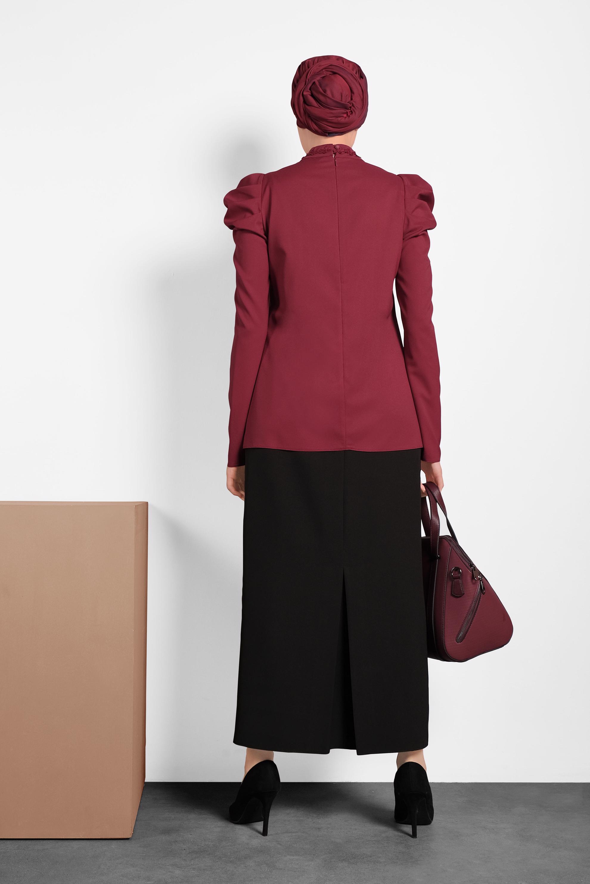 Tesettür giyim BORDO KARPUZ KOL YAKASI BAĞLI BLUZ 40333