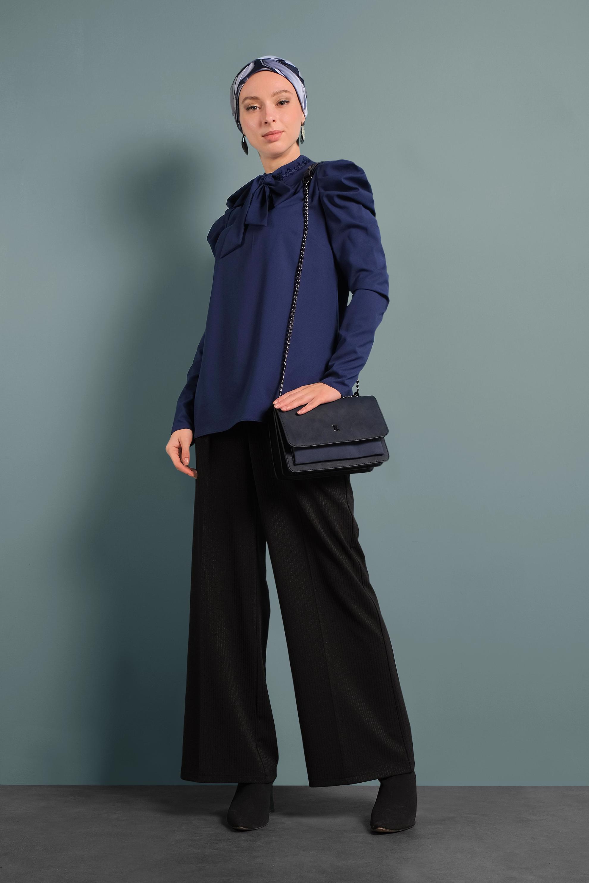 Vêtements hijab BLEU MARINE CHEMISIER À COL NOUÉ MANCHES BOUFFANT 40333 