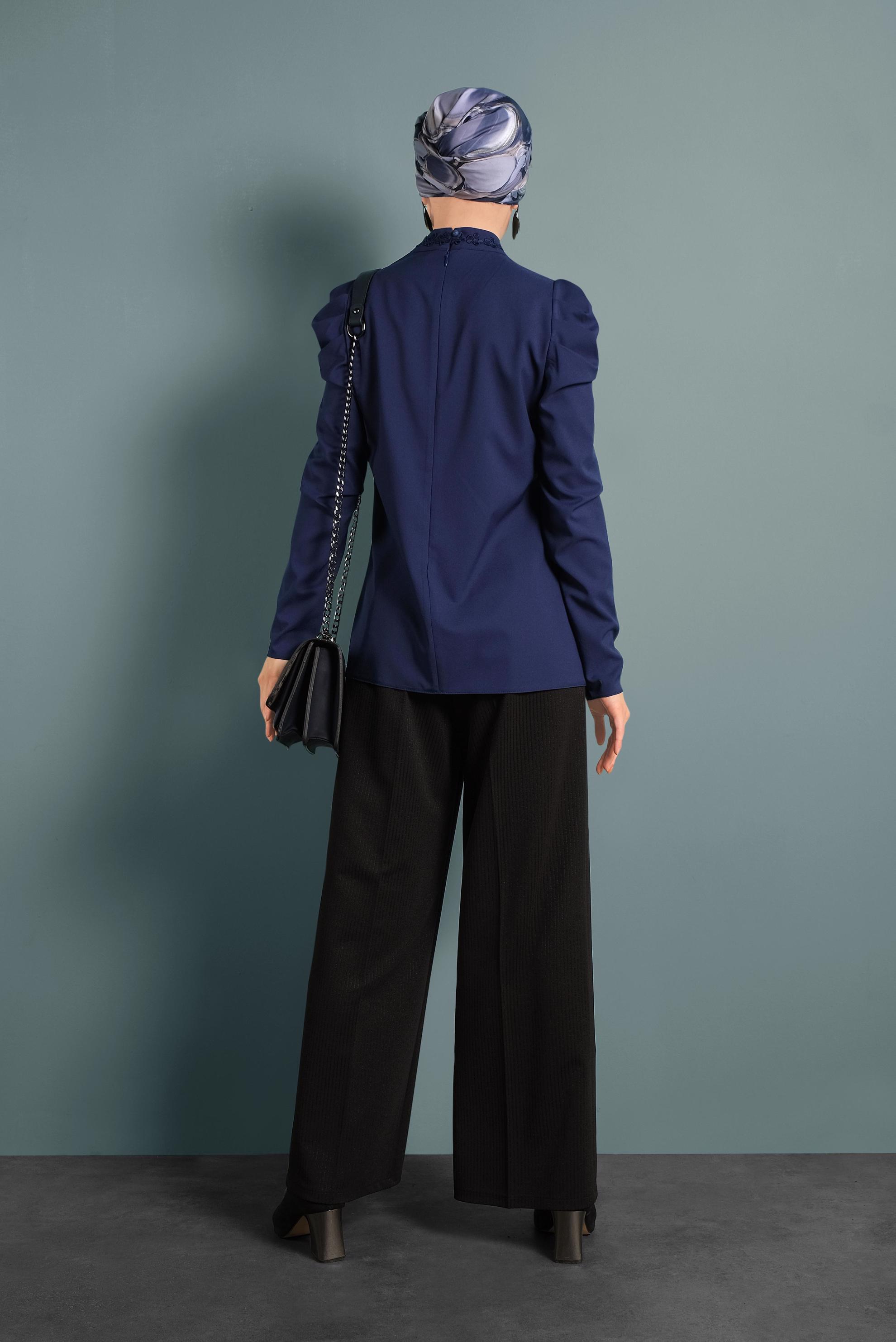 Vêtements hijab BLEU MARINE CHEMISIER À COL NOUÉ MANCHES BOUFFANT 40333 