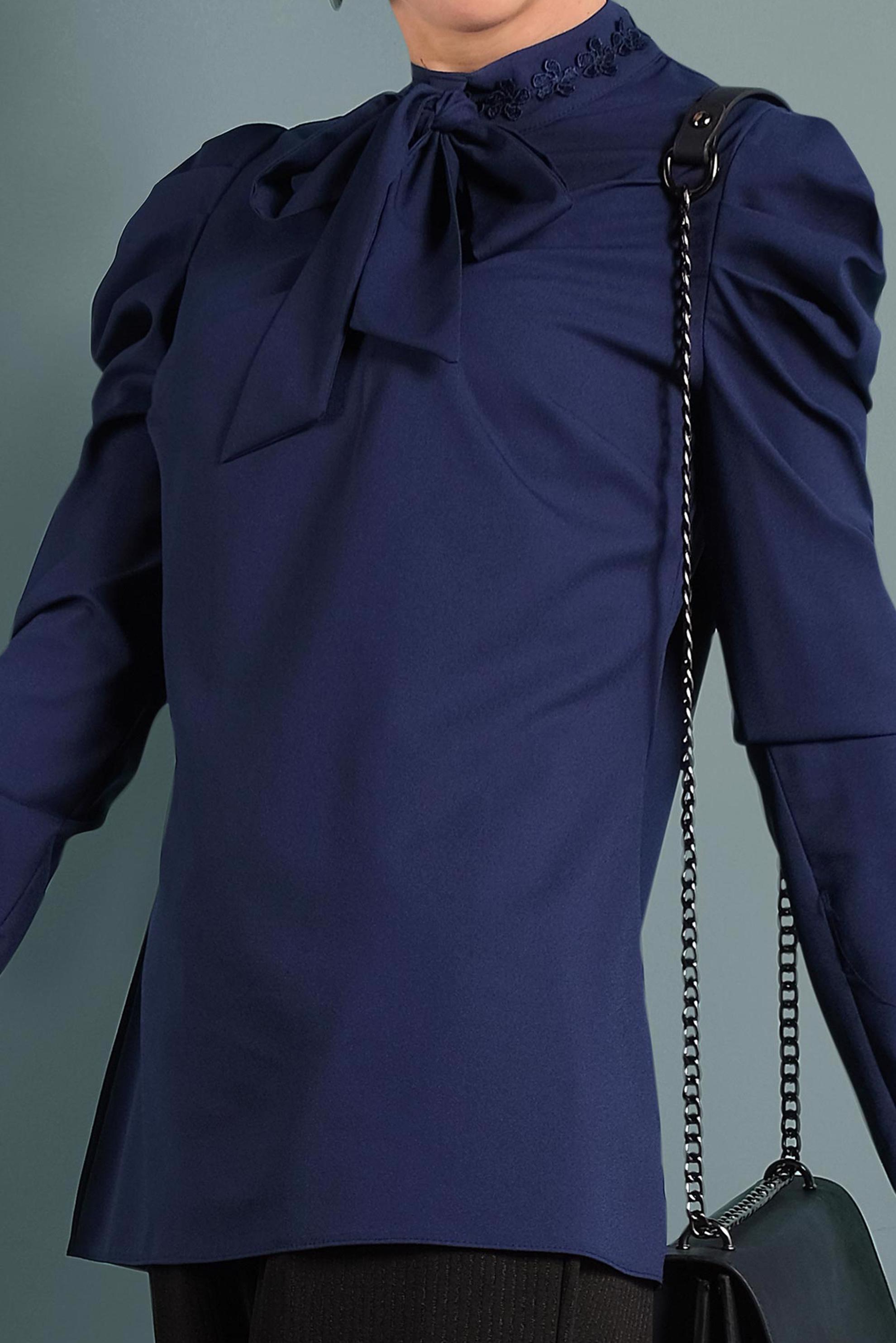 Vêtements hijab BLEU MARINE CHEMISIER À COL NOUÉ MANCHES BOUFFANT 40333 