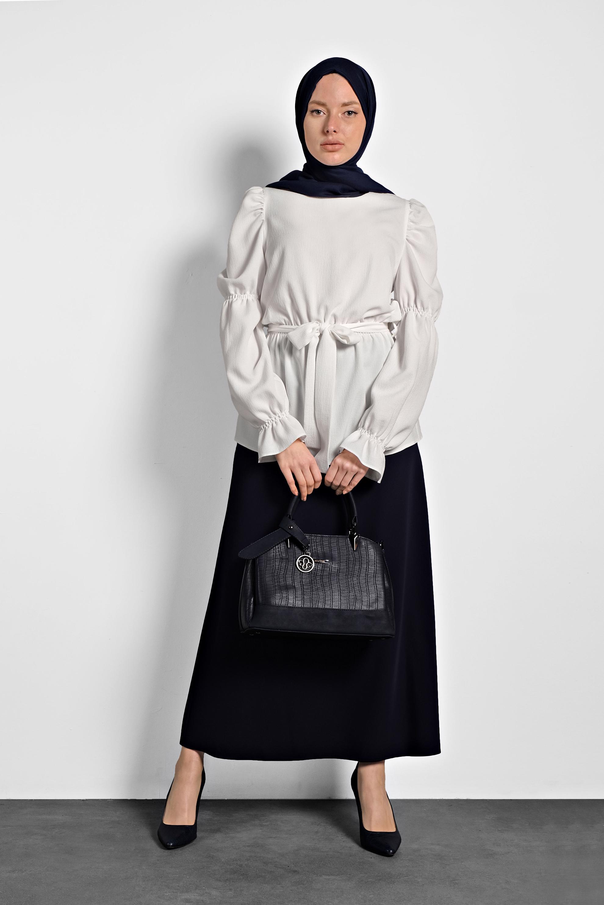 Tesettür giyim BEYAZ KARPUZ KOL BAĞCIKLI BLUZ 40334