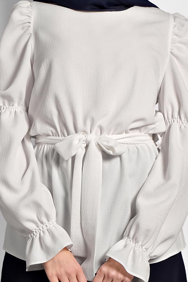 Vêtements hijab BLANC CHEMISIER MANCHES BOUFFANT À TAILLE-NOUÉE 40334 - ALVİNA