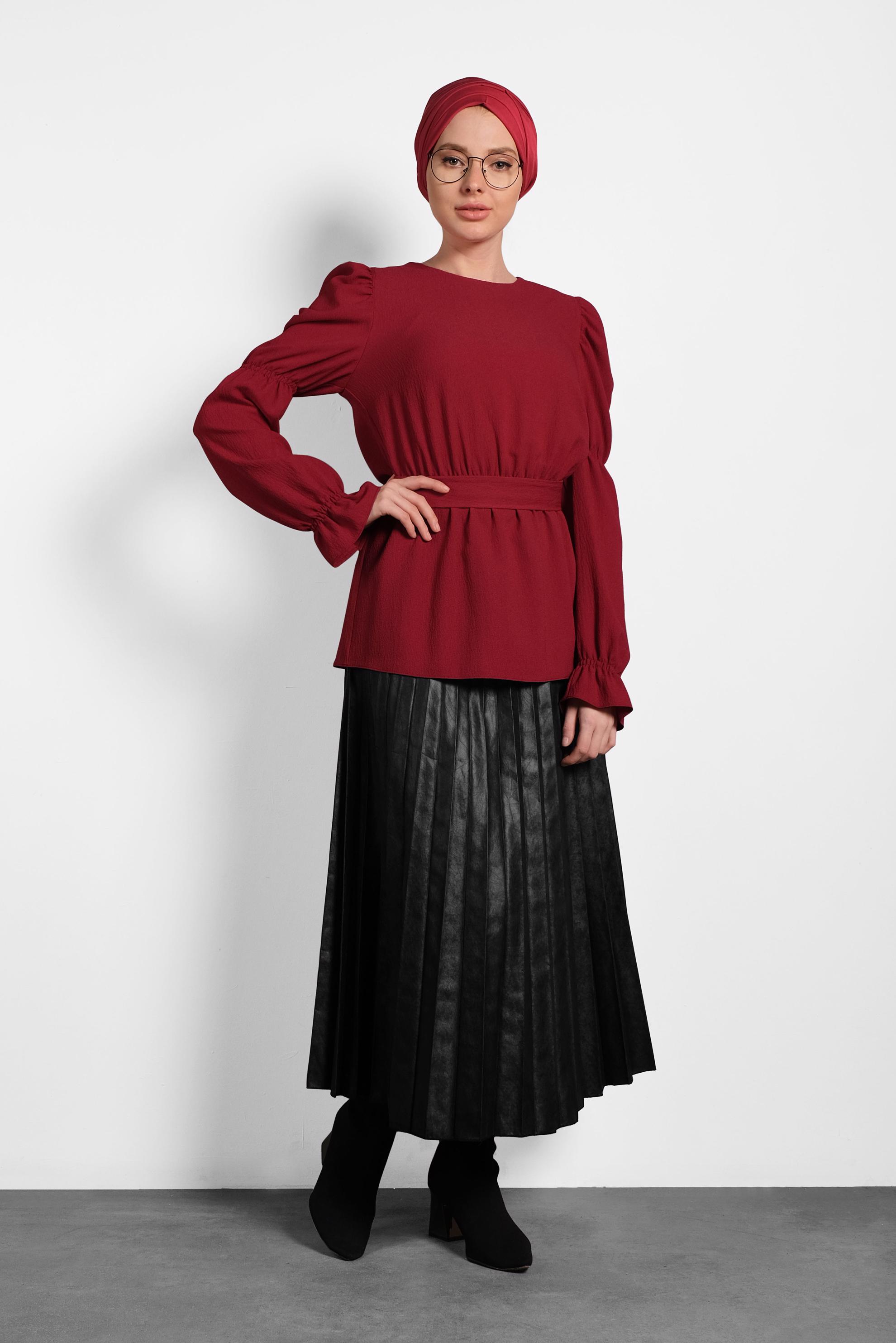 Vêtements hijab ROUGE BORDEAUX CHEMISIER MANCHES BOUFFANT À TAILLE-NOUÉE 40334