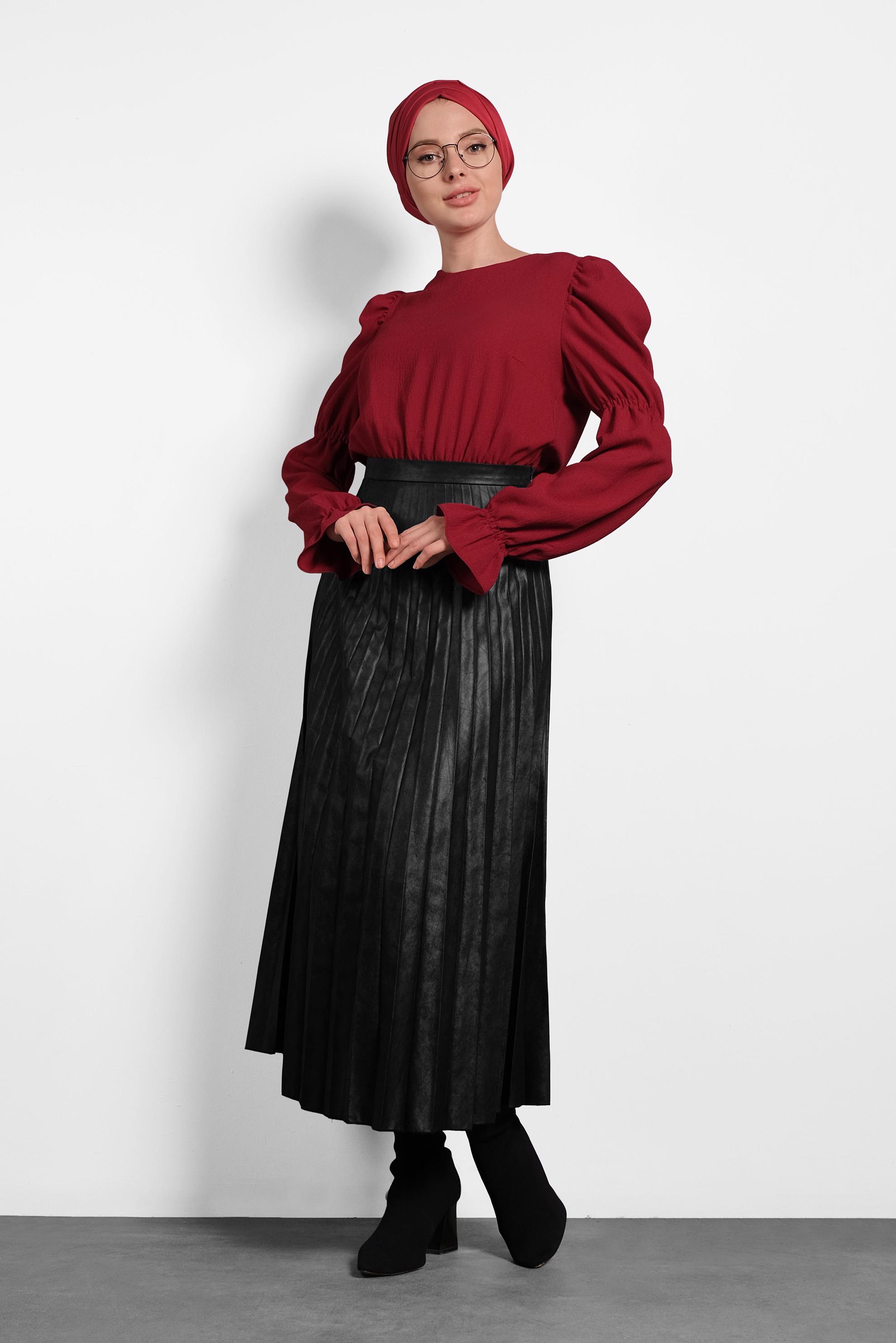 Vêtements hijab ROUGE BORDEAUX CHEMISIER MANCHES BOUFFANT À TAILLE-NOUÉE 40334