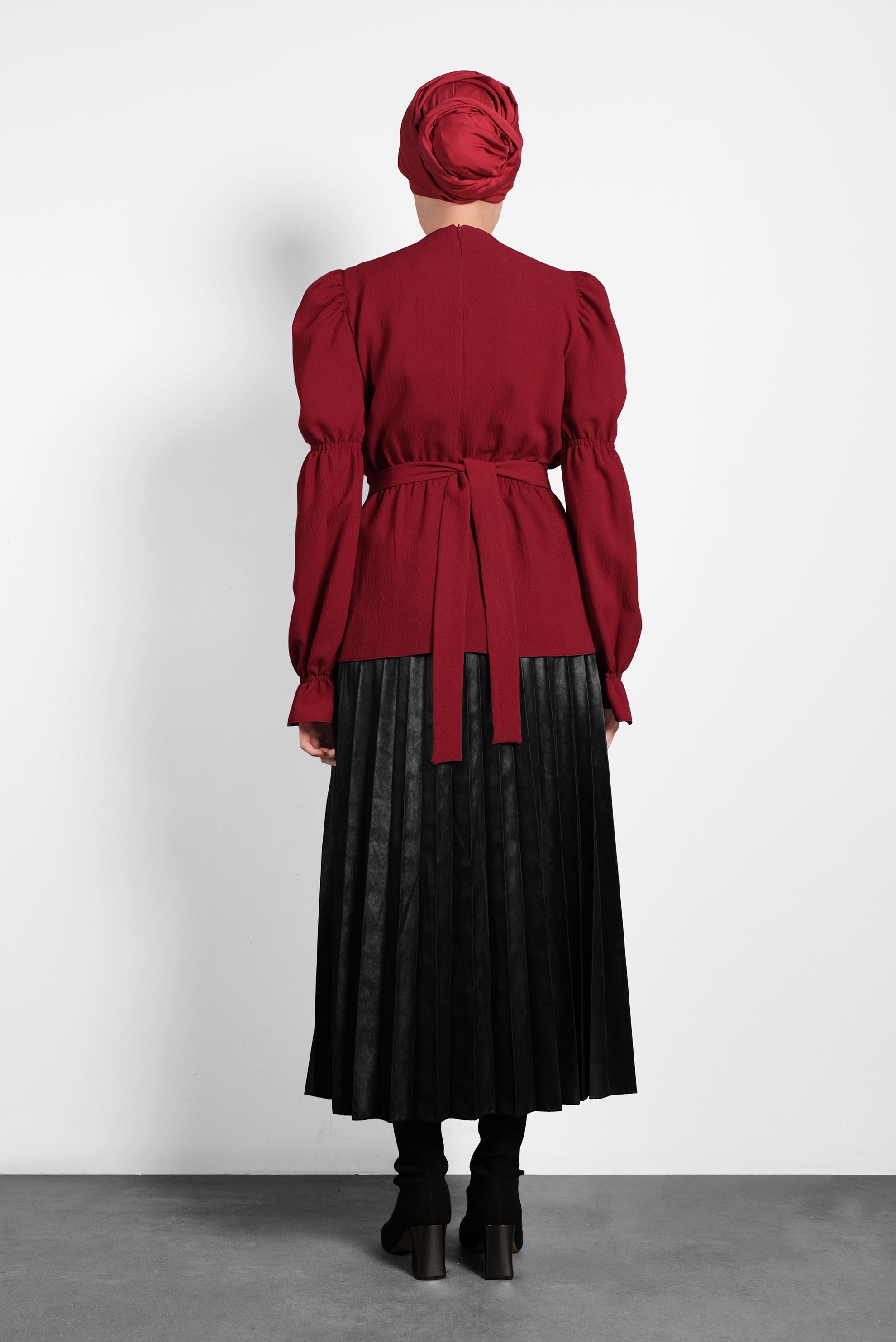 Vêtements hijab ROUGE BORDEAUX CHEMISIER MANCHES BOUFFANT À TAILLE-NOUÉE 40334