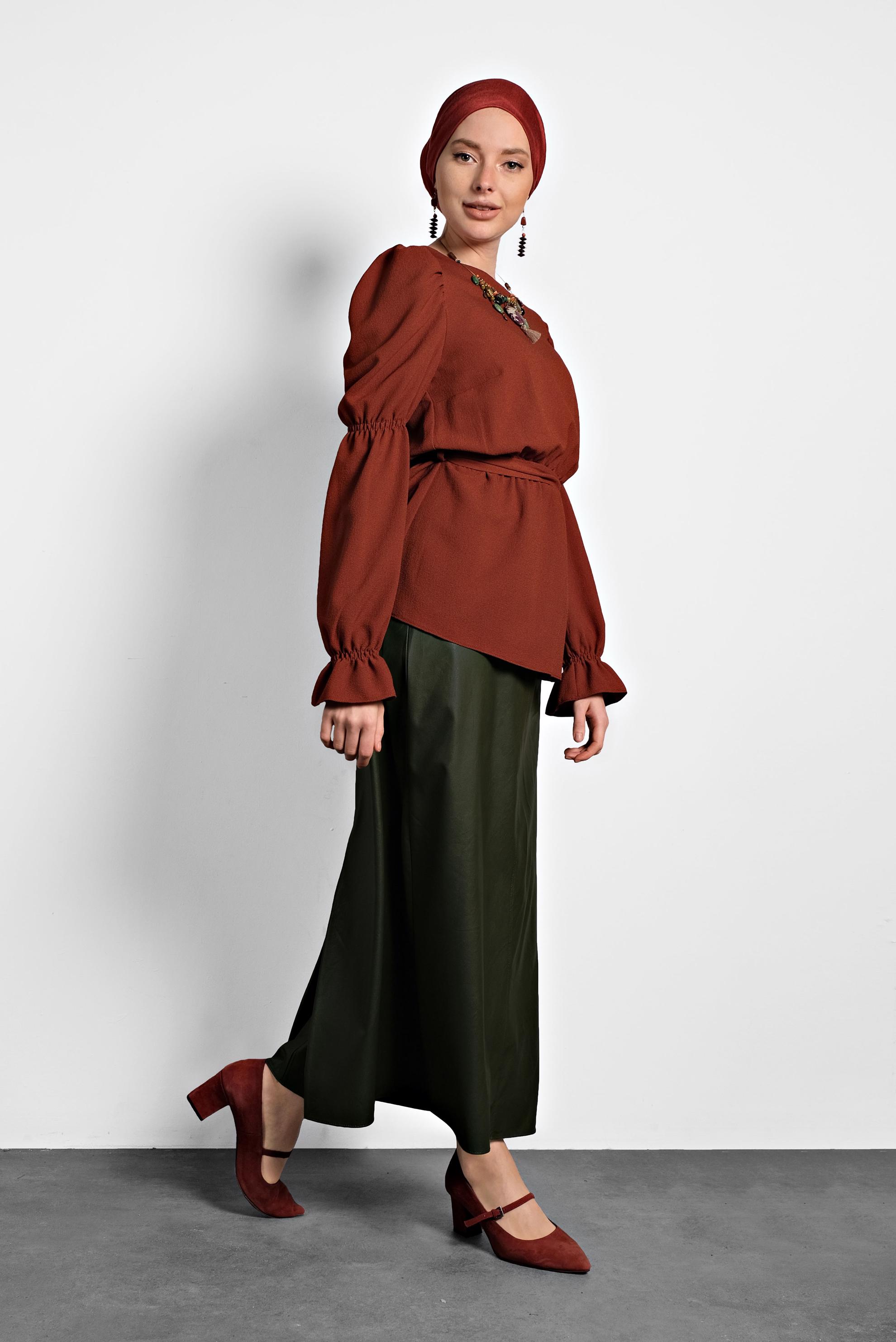 Tesettür giyim TURUNCU KARPUZ KOL BAĞCIKLI BLUZ 40334