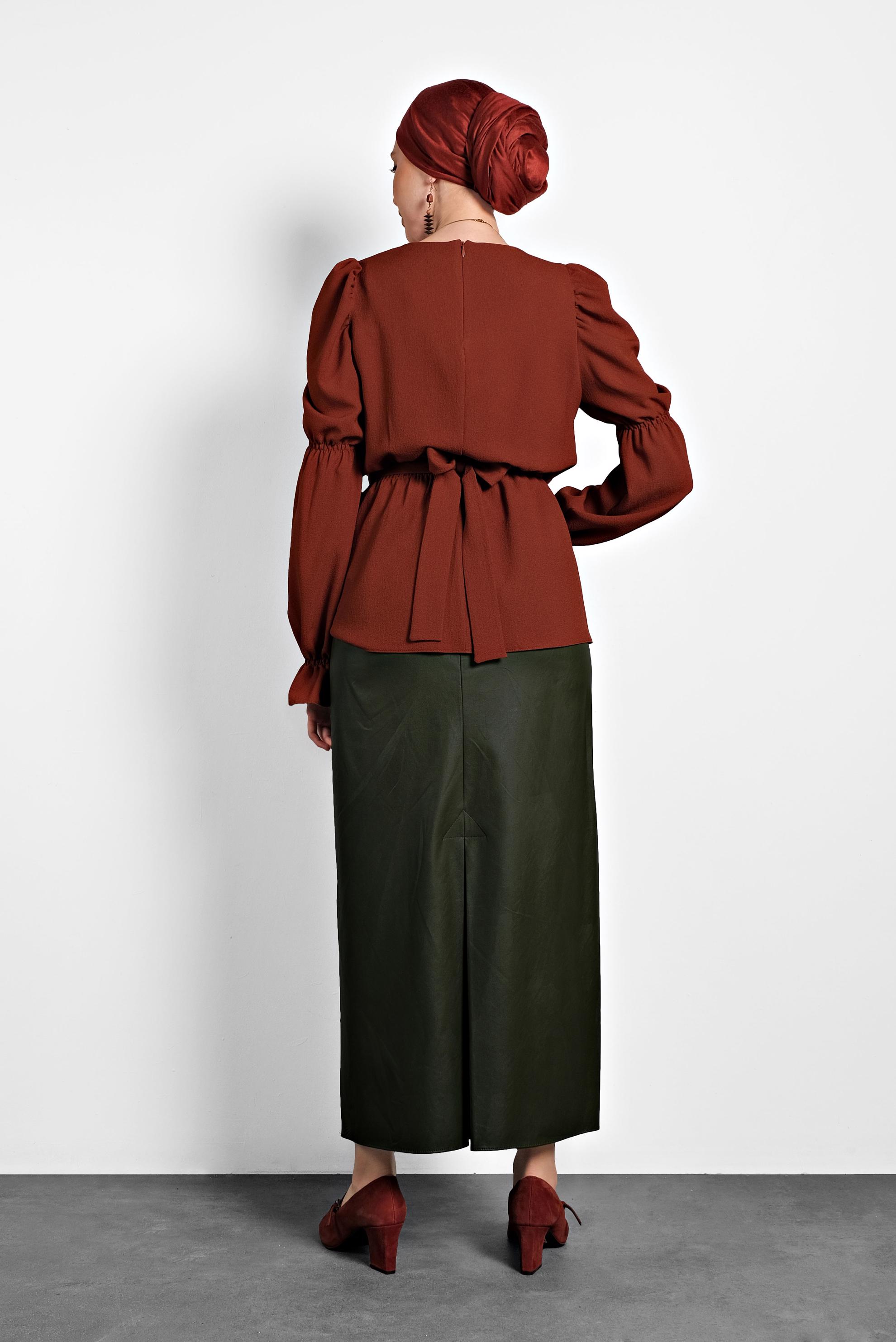 Tesettür giyim TURUNCU KARPUZ KOL BAĞCIKLI BLUZ 40334