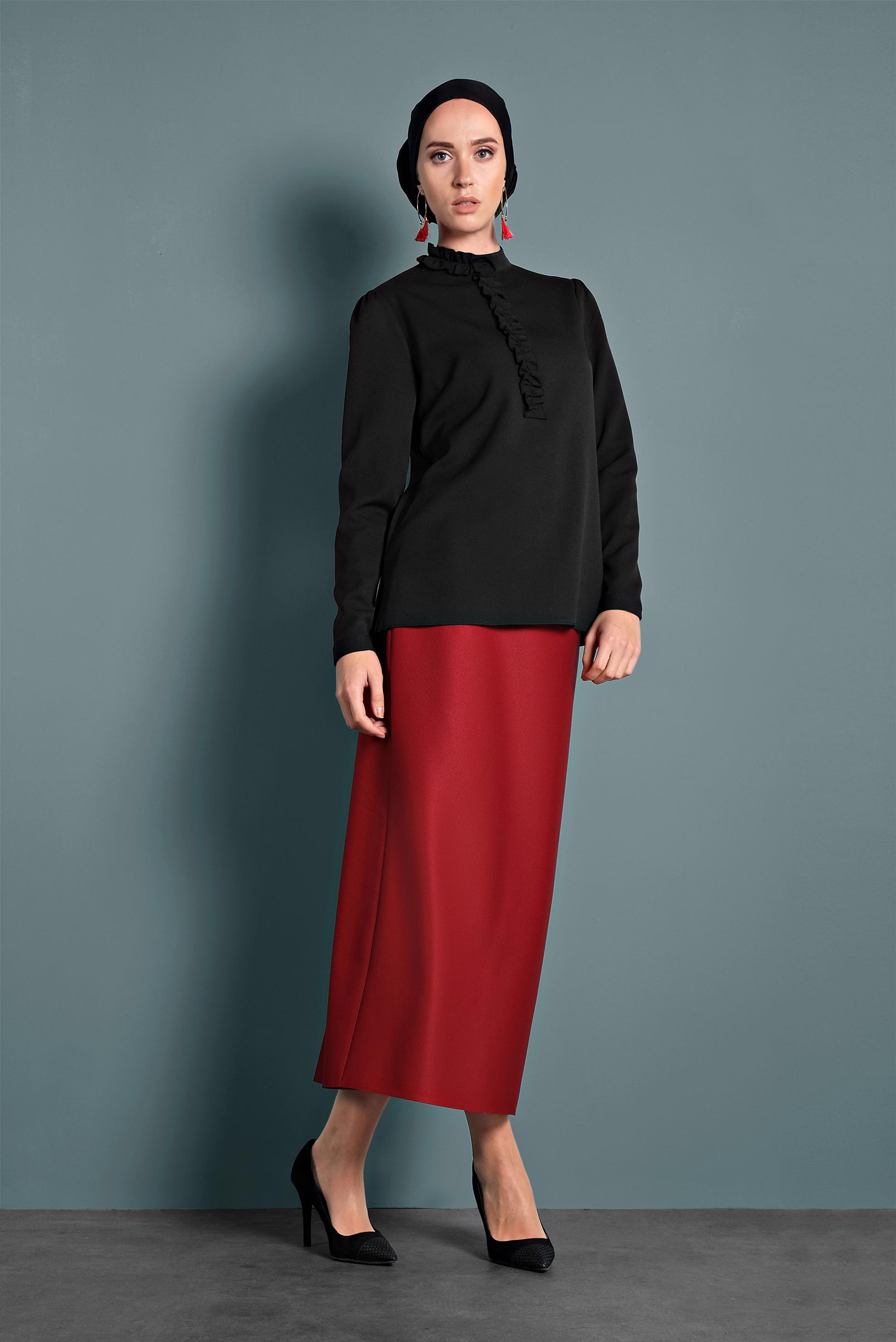 Tesettür giyim SİYAH FIRFIR DETAYLI BLUZ 40360 