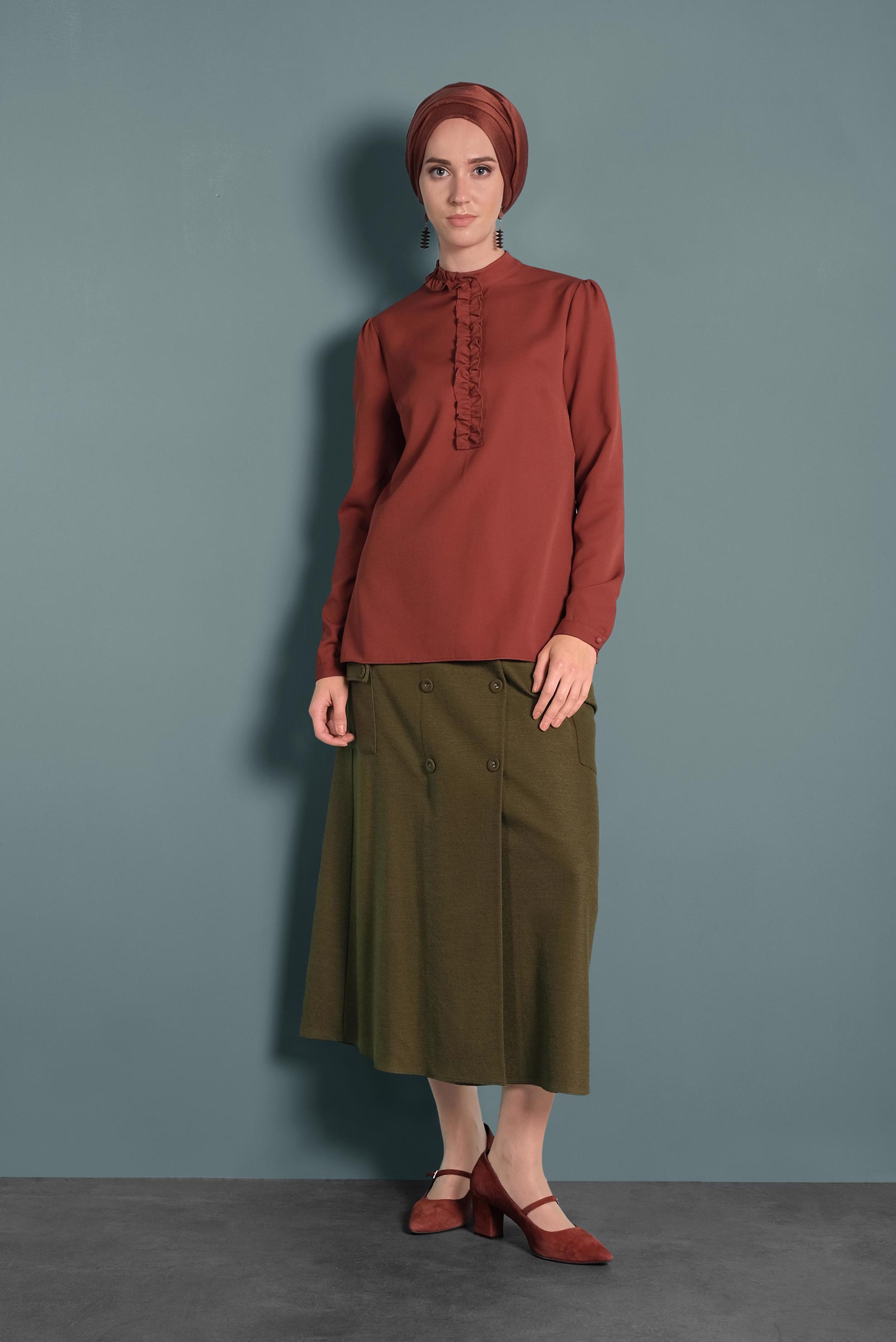 Tesettür giyim TURUNCU FIRFIR DETAYLI BLUZ 40360 