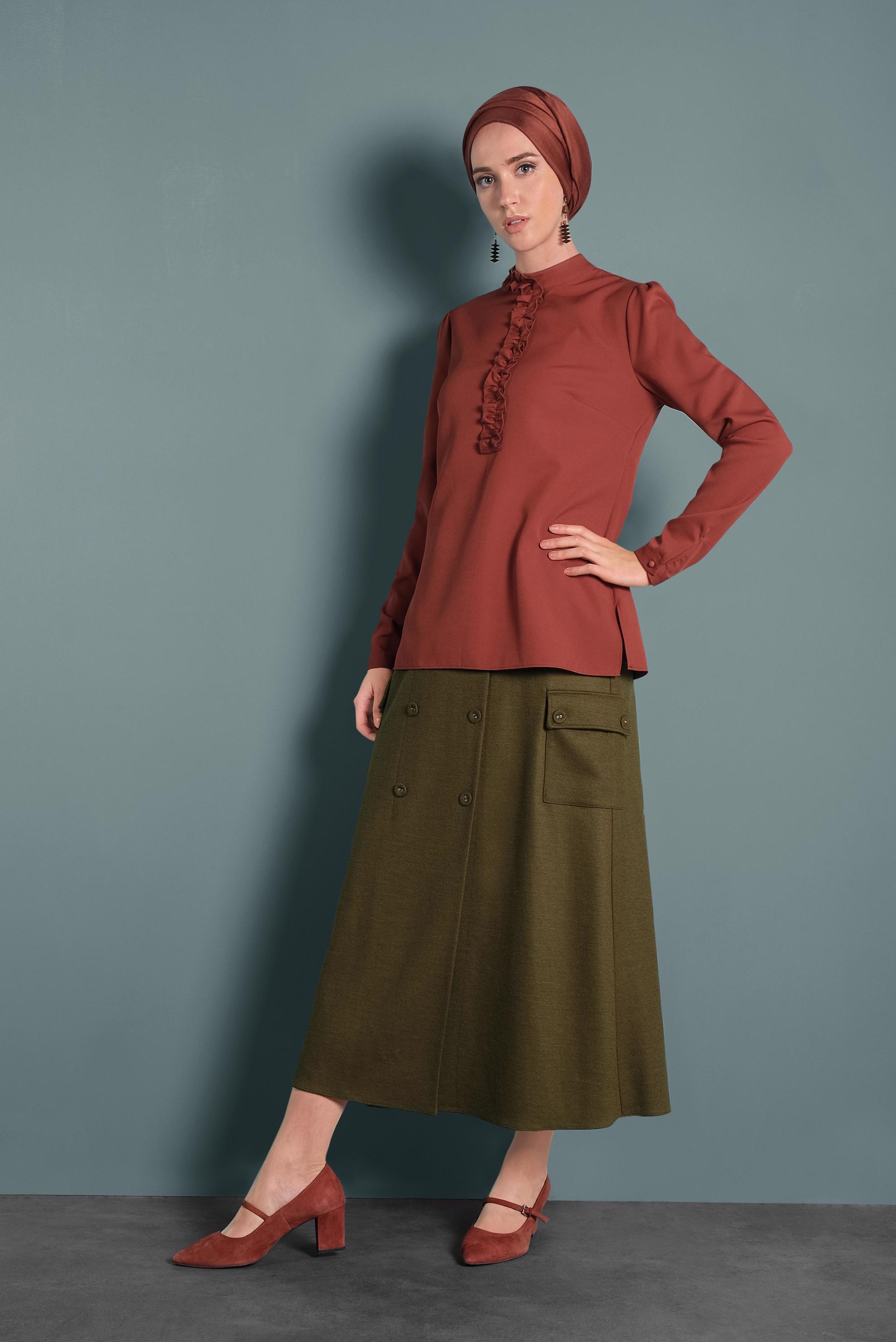 Tesettür giyim TURUNCU FIRFIR DETAYLI BLUZ 40360 