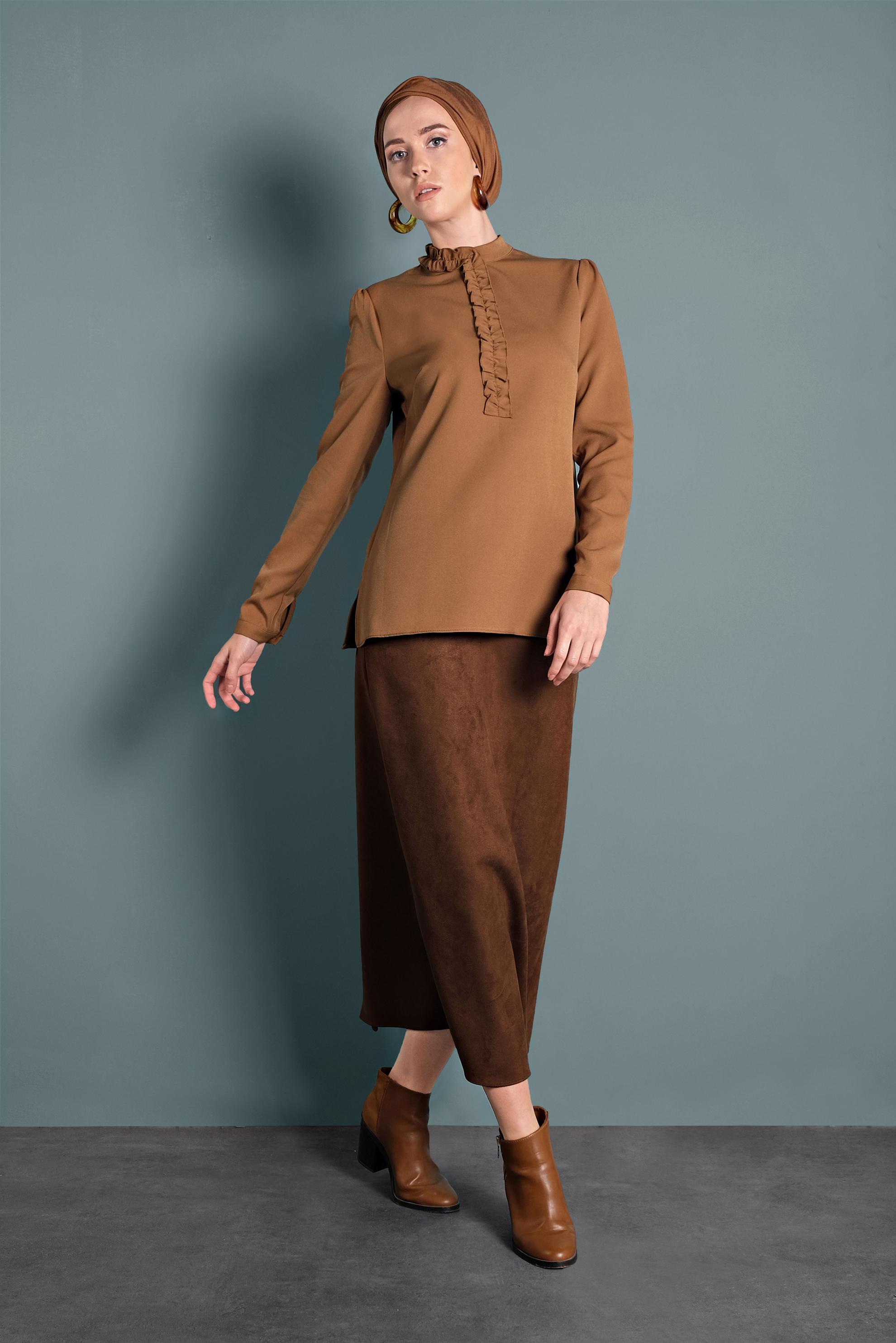 Tesettür giyim KAHVE FIRFIR DETAYLI BLUZ 40360 