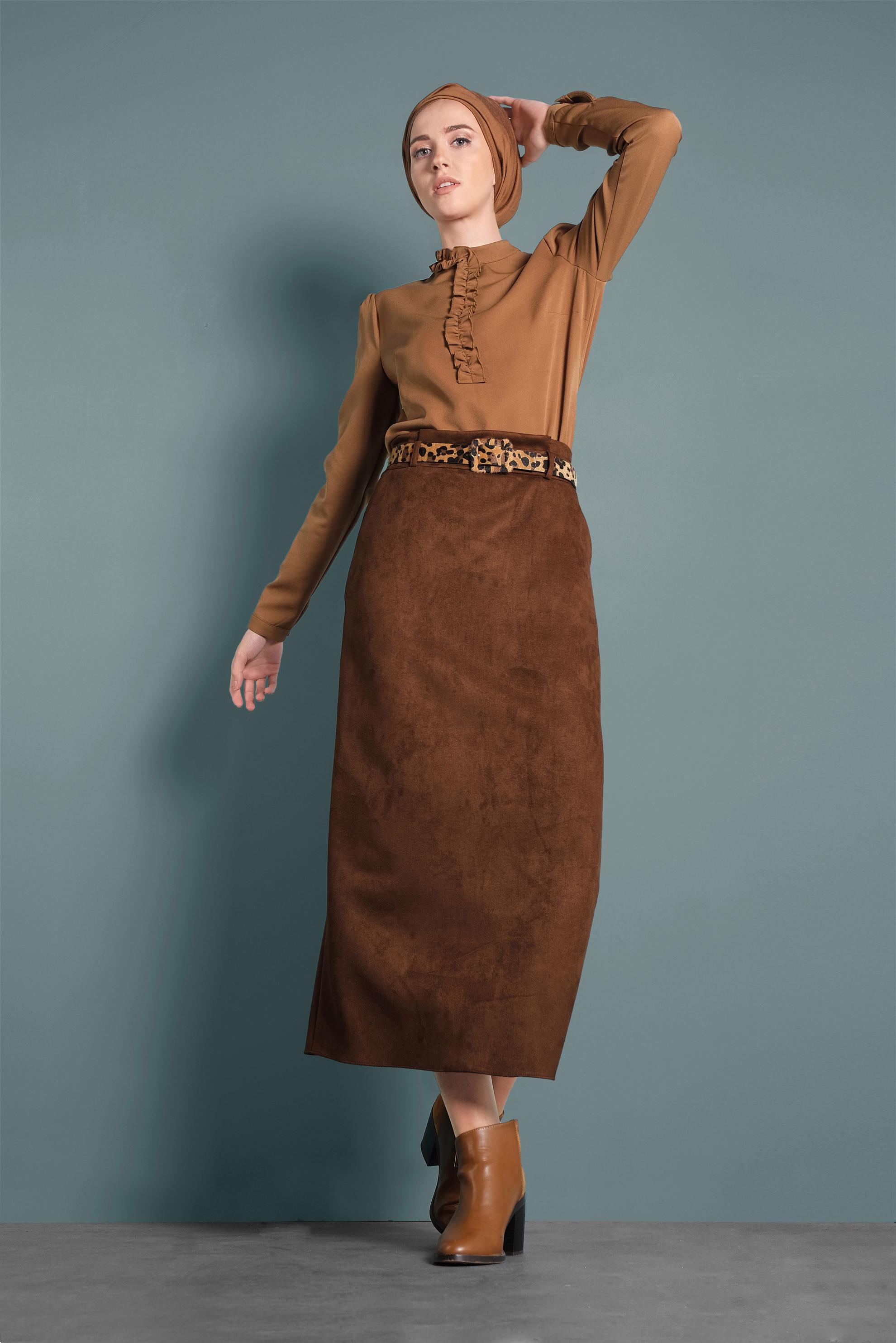 Tesettür giyim KAHVE FIRFIR DETAYLI BLUZ 40360 