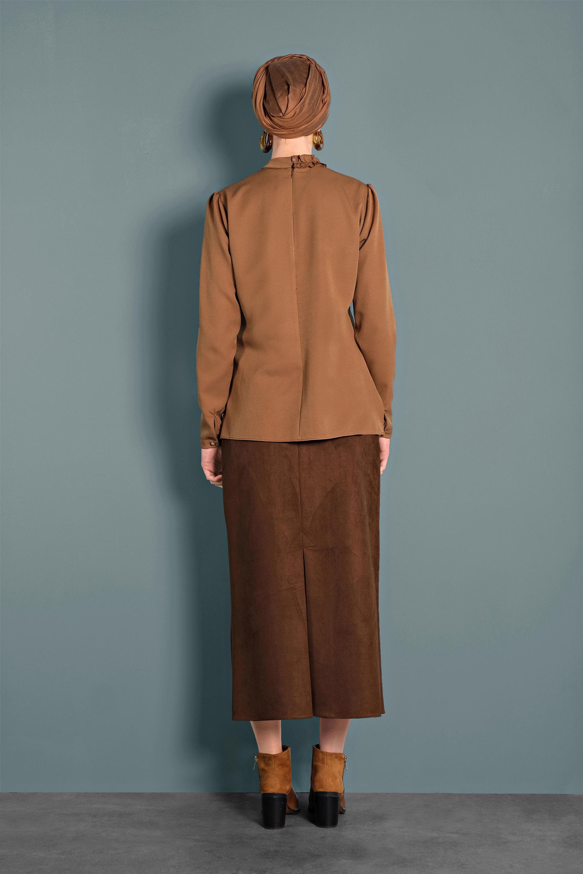 Tesettür giyim KAHVE FIRFIR DETAYLI BLUZ 40360 