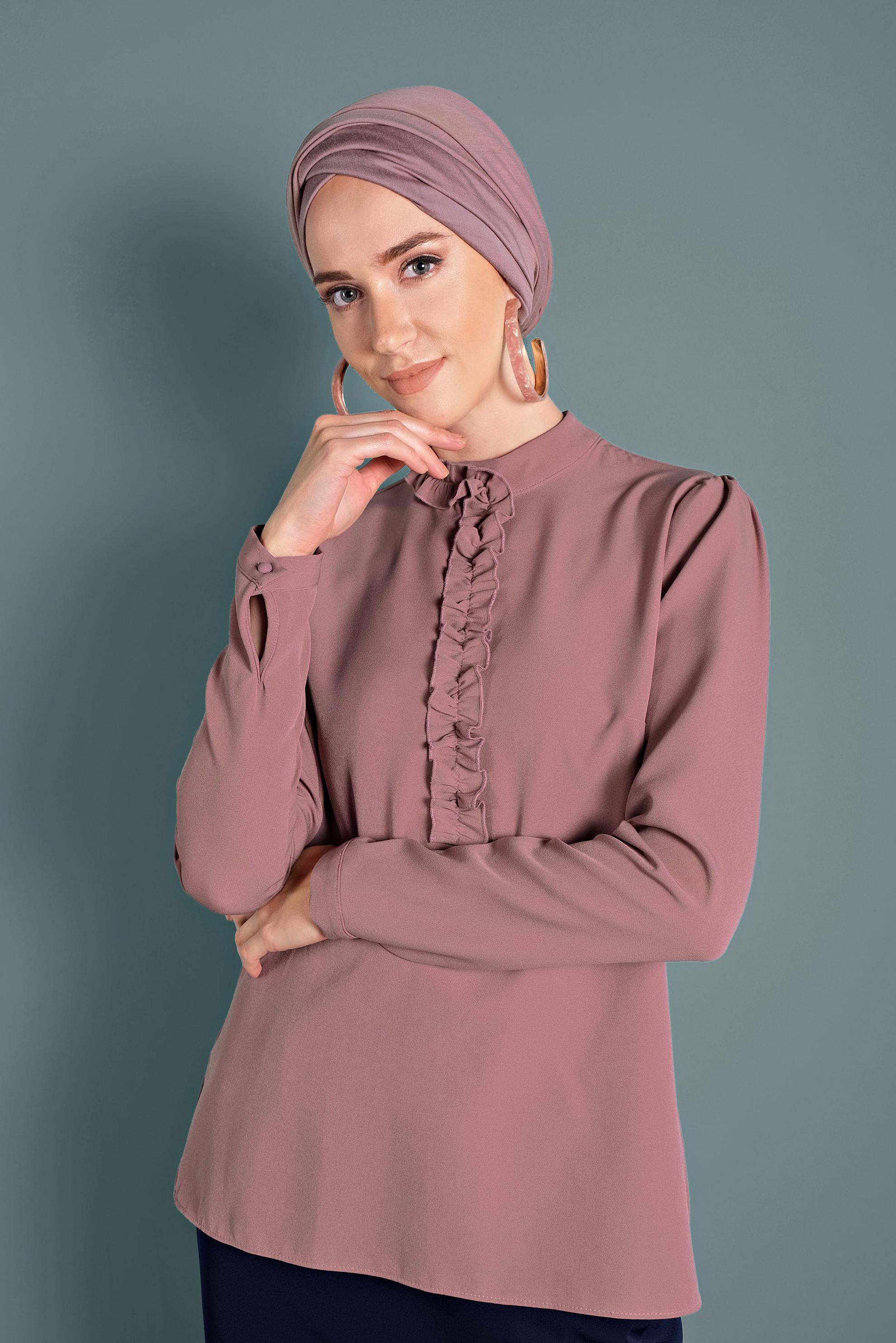 Tesettür giyim PEMBE FIRFIR DETAYLI BLUZ 40360 