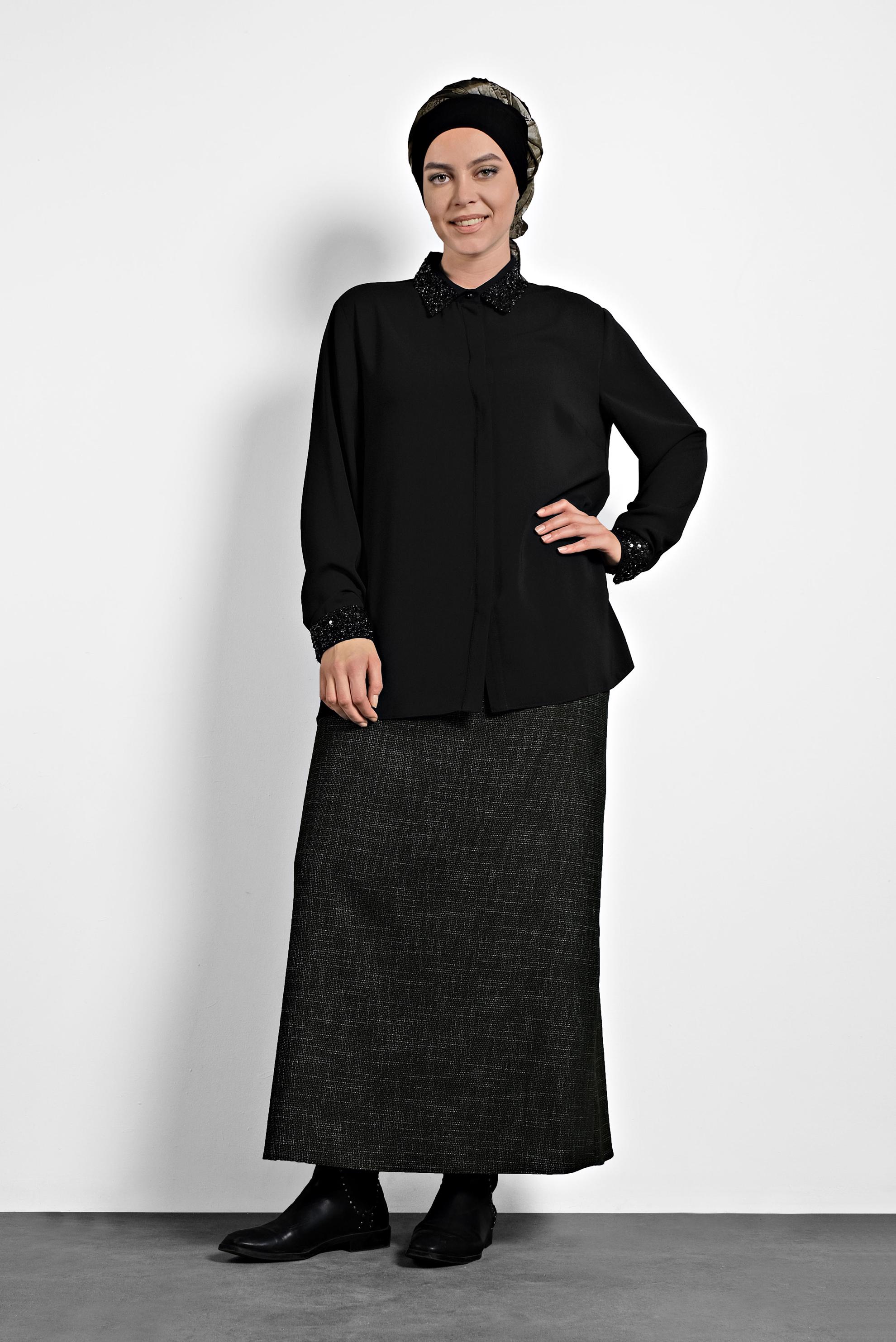 Vêtements hijab NOIR CHEMISIER À COL À SEQUINS 40361
