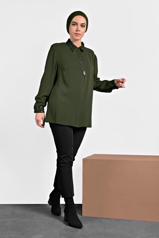 Vêtements hijab KAKI CHEMISIER À COL À SEQUINS 40361 - ALVİNA