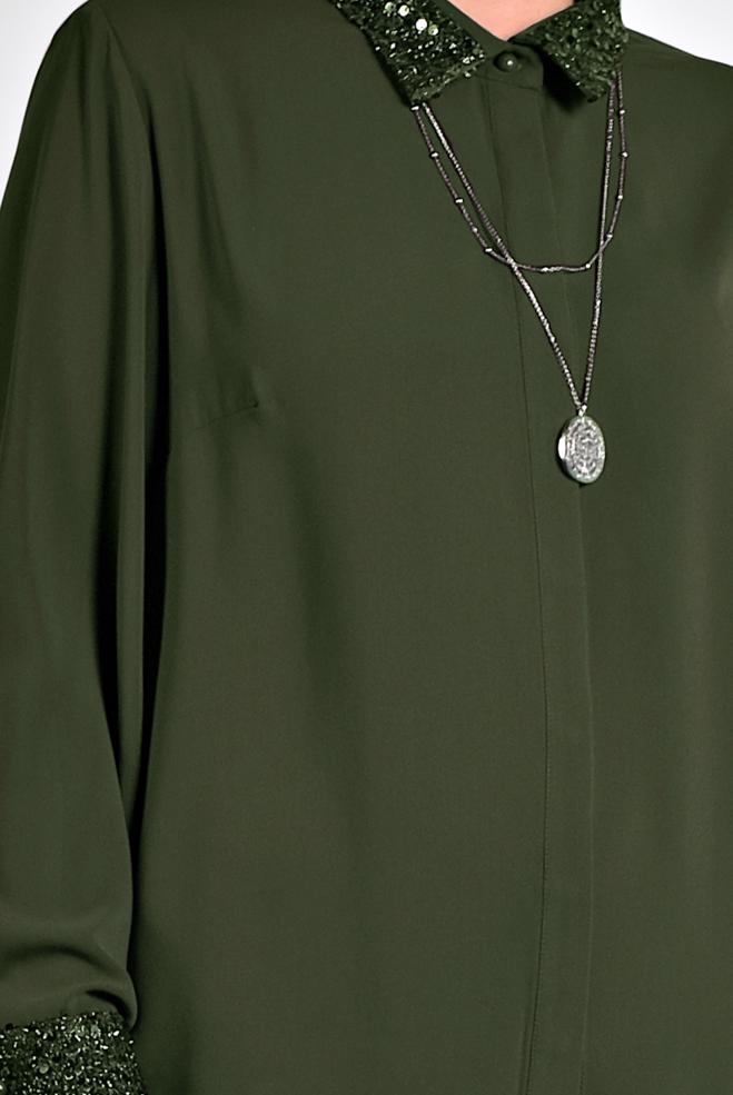 Vêtements hijab KAKI CHEMISIER À COL À SEQUINS 40361 - ALVİNA