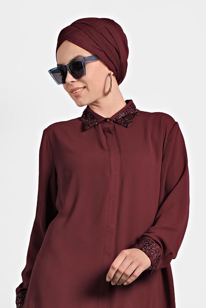 Vêtements hijab ROUGE BORDEAUX CHEMISIER À COL À SEQUINS 40361 - ALVİNA