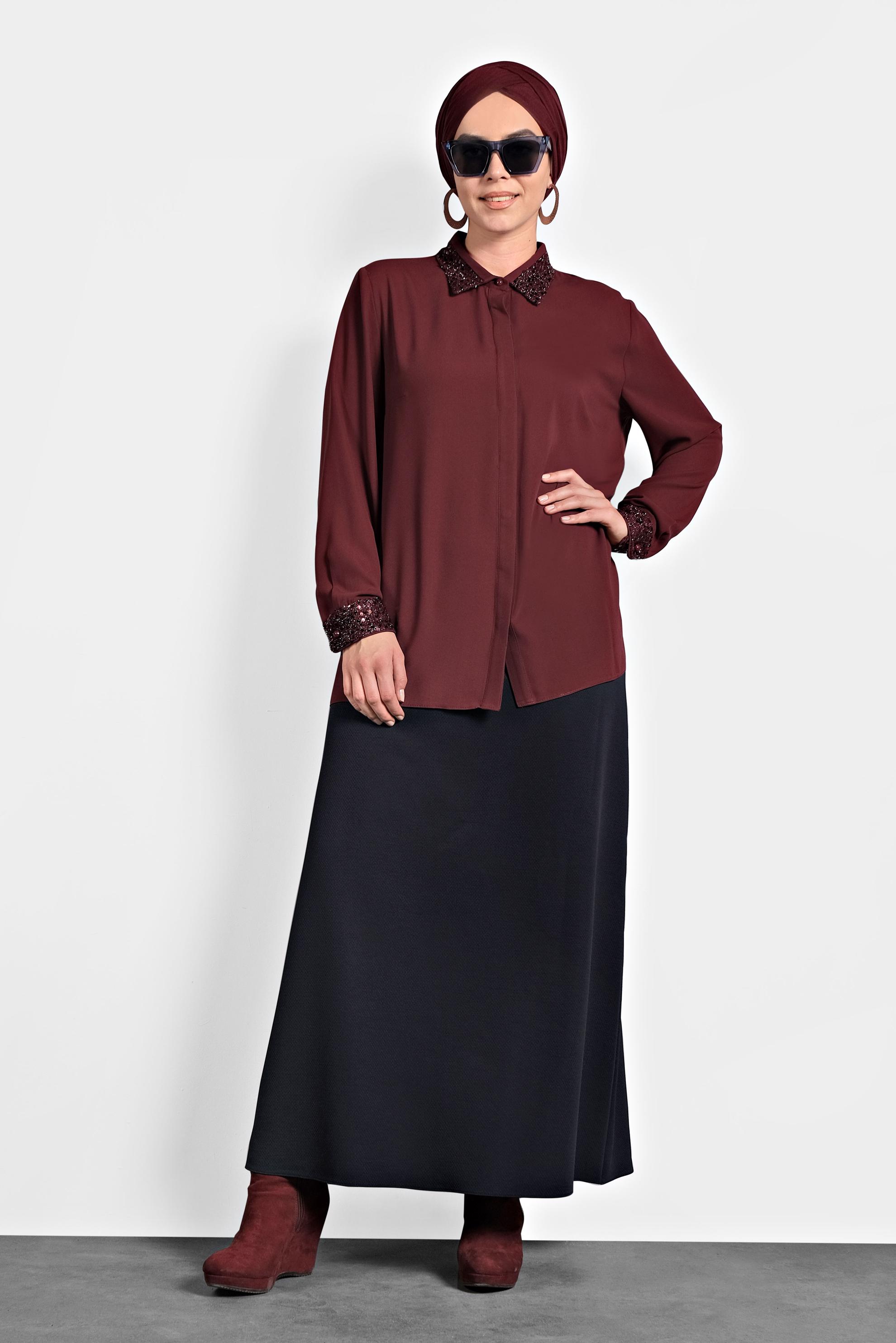 Vêtements hijab ROUGE BORDEAUX CHEMISIER À COL À SEQUINS 40361