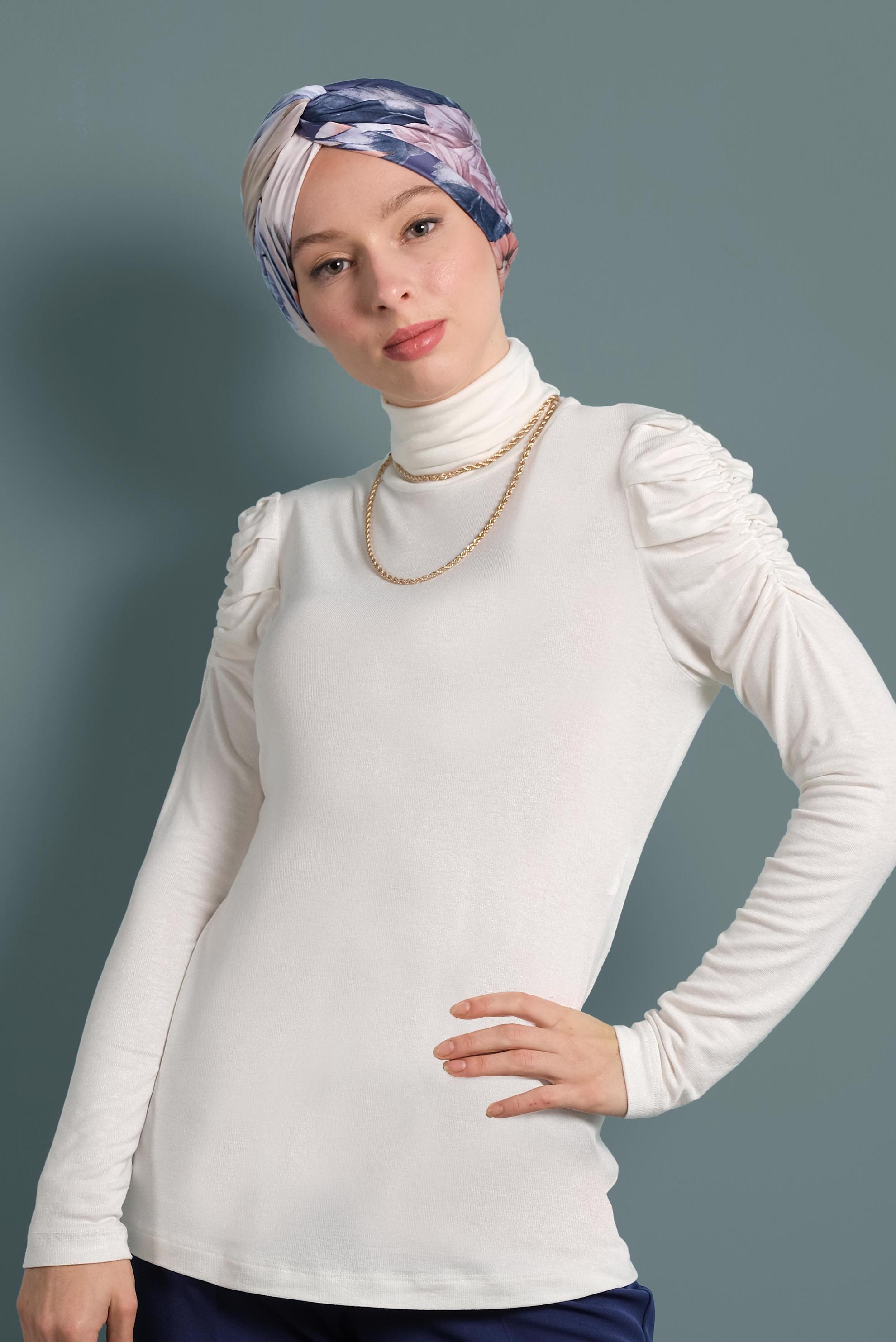 Hijab clothing WHITE TURTLENECK RUCHED SLEEVE BLOUSE 40403 