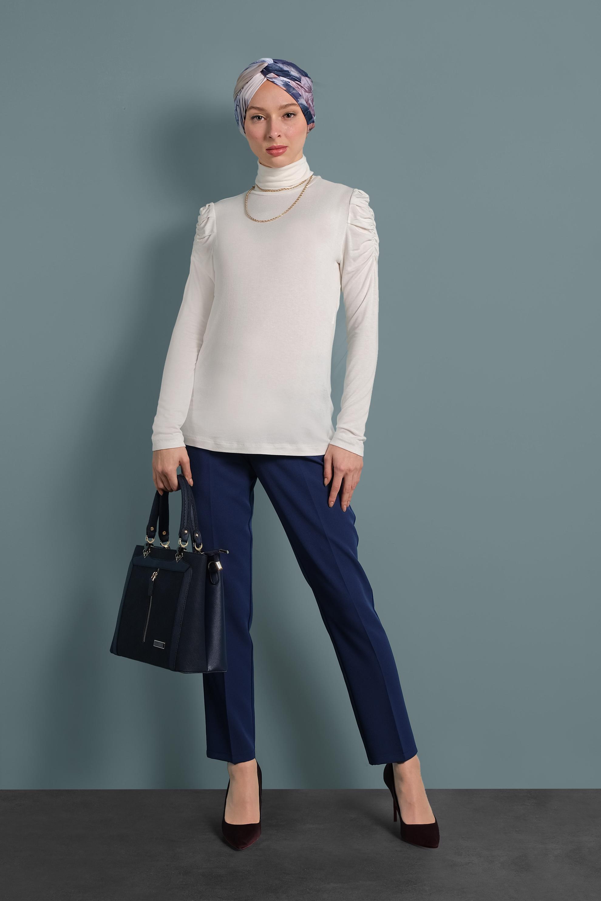 Hijab clothing WHITE TURTLENECK RUCHED SLEEVE BLOUSE 40403 