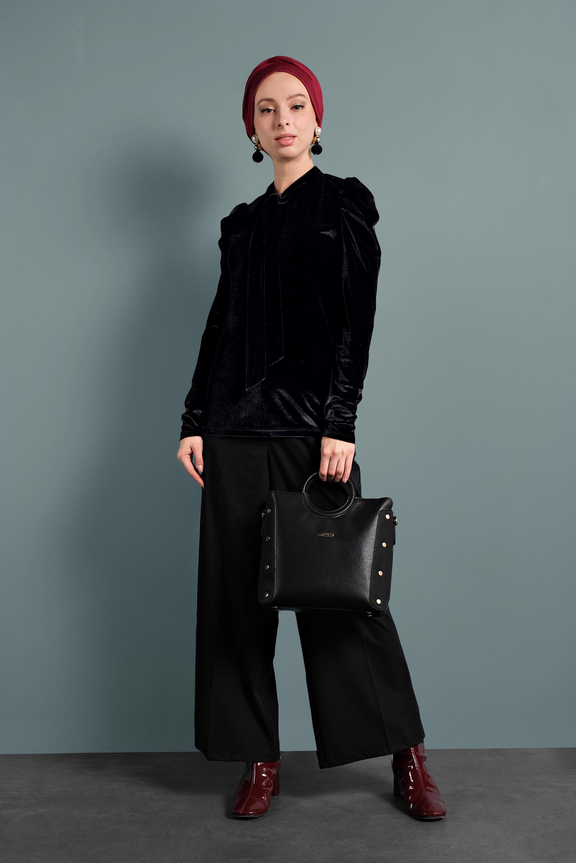 Tesettür giyim SİYAH YAKASI BAĞLI KADİFE BLUZ 40404 