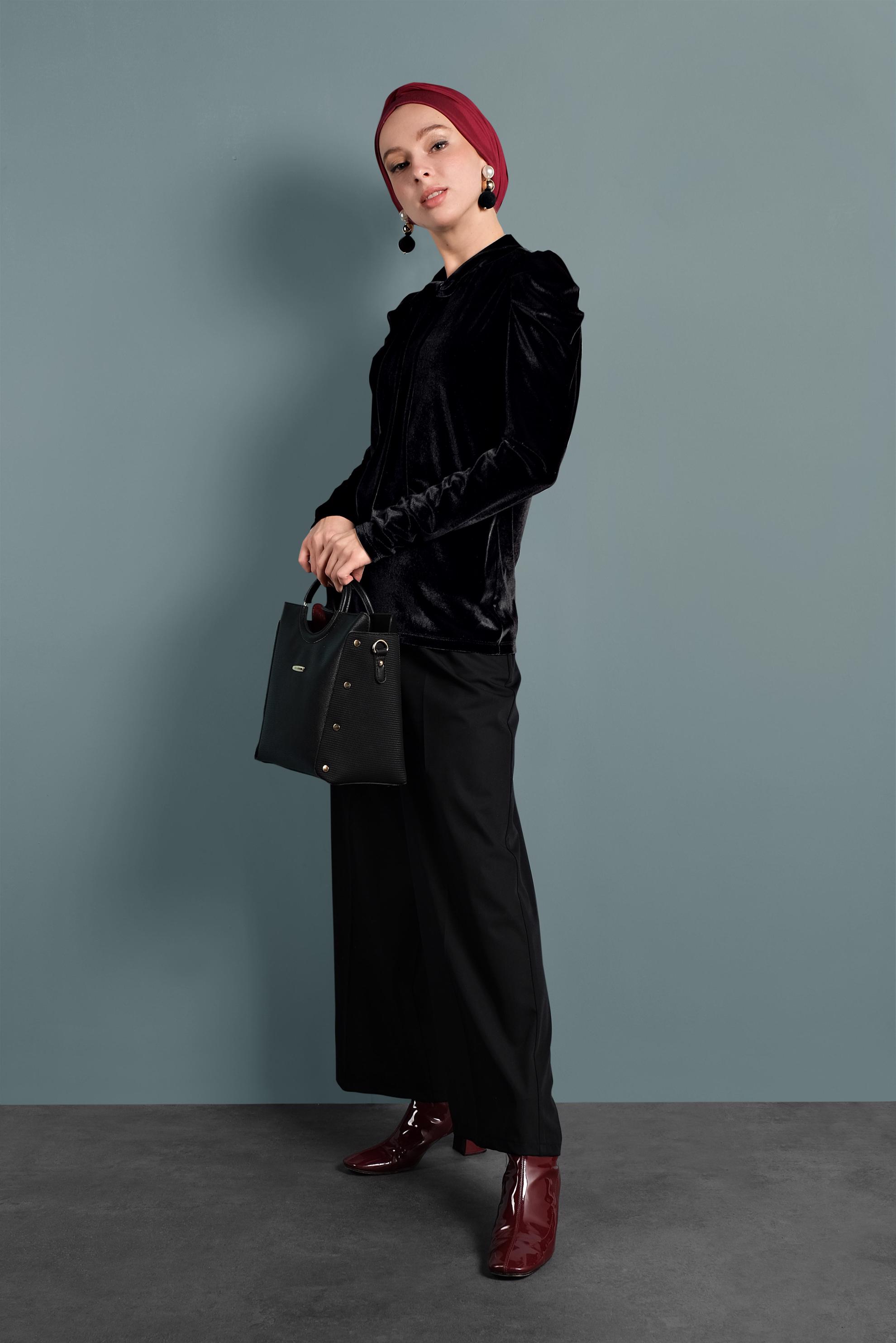 Tesettür giyim SİYAH YAKASI BAĞLI KADİFE BLUZ 40404 