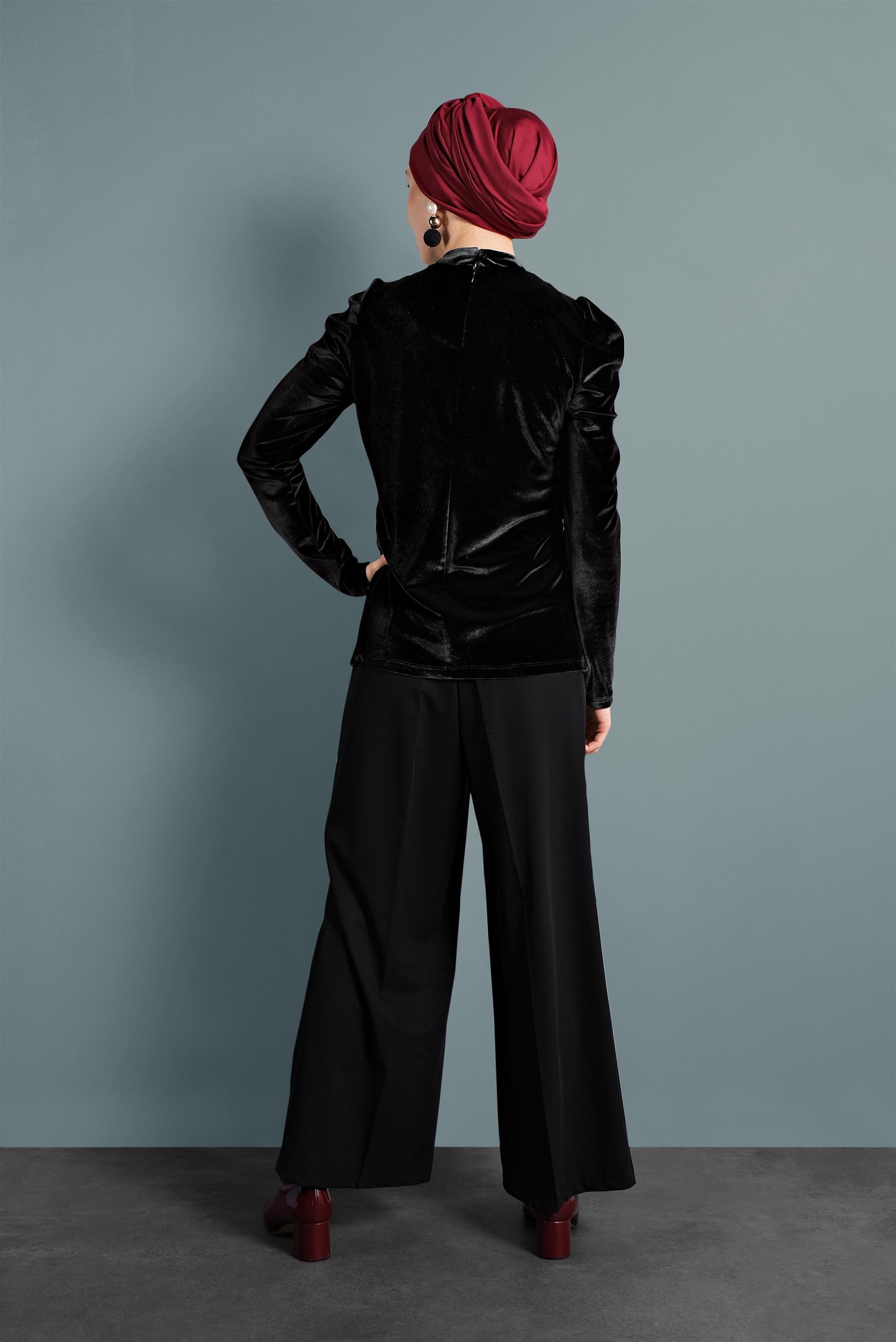 Tesettür giyim SİYAH YAKASI BAĞLI KADİFE BLUZ 40404 