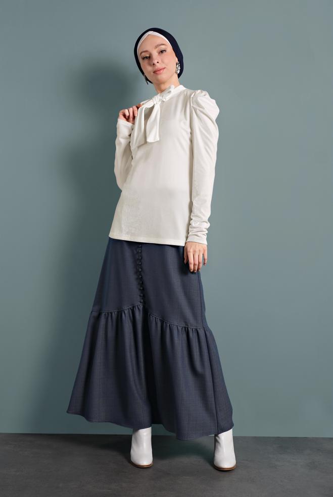 Tesettür giyim  YAKASI BAĞLI KADİFE BLUZ 40404  - ALVİNA