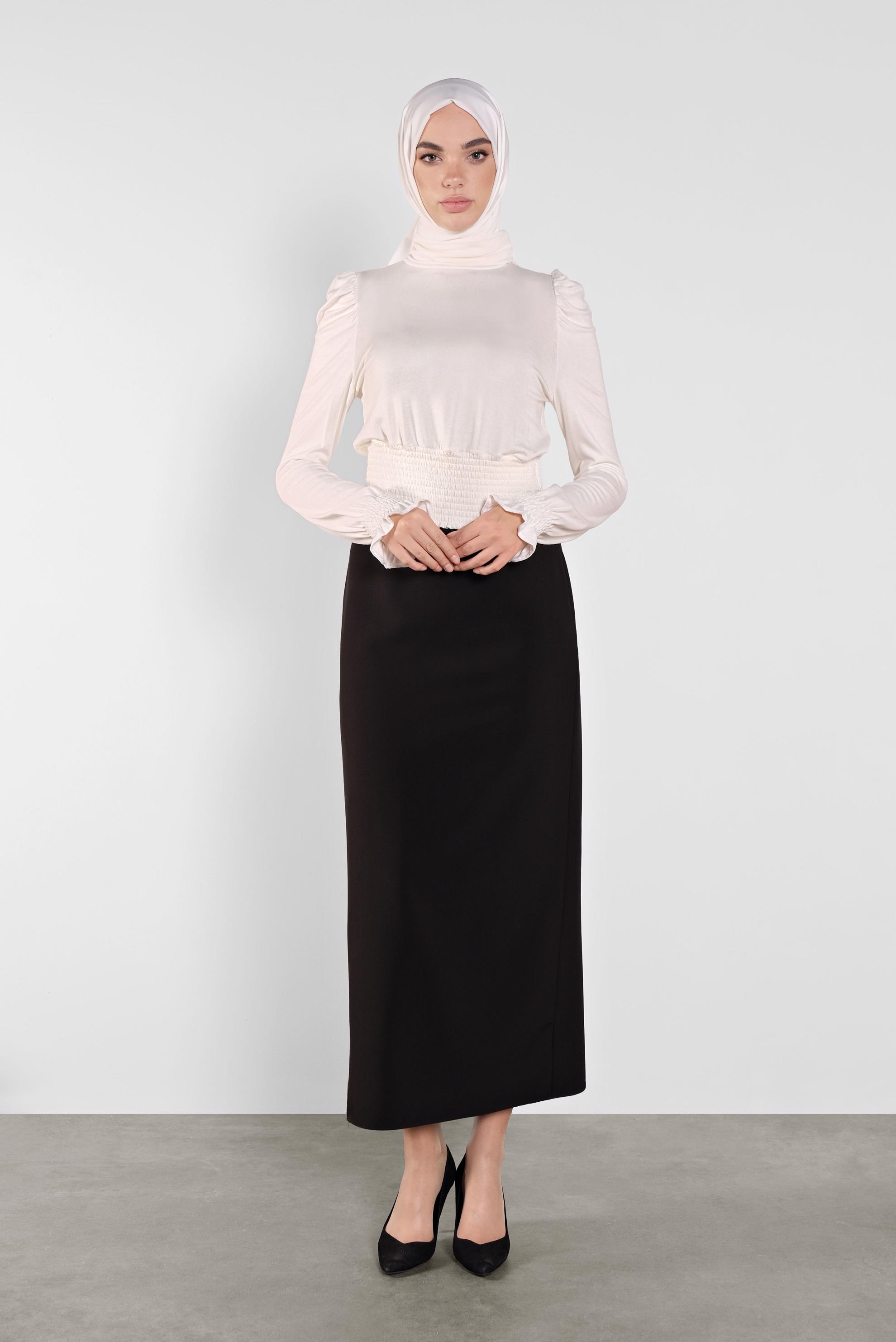 Tesettür giyim BEYAZ BEL KISMI LASTİKLİ BLUZ 41209