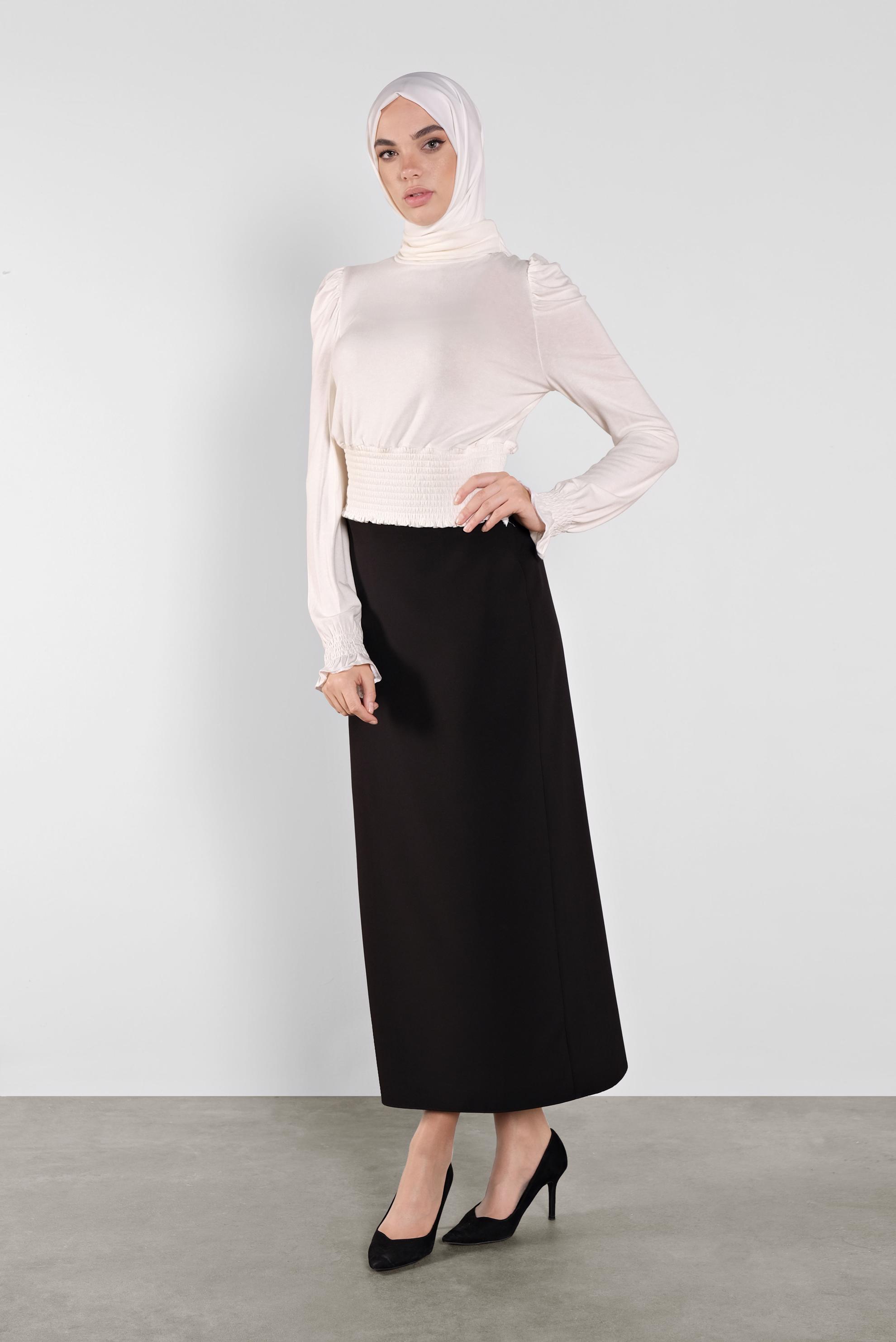 Tesettür giyim BEYAZ BEL KISMI LASTİKLİ BLUZ 41209