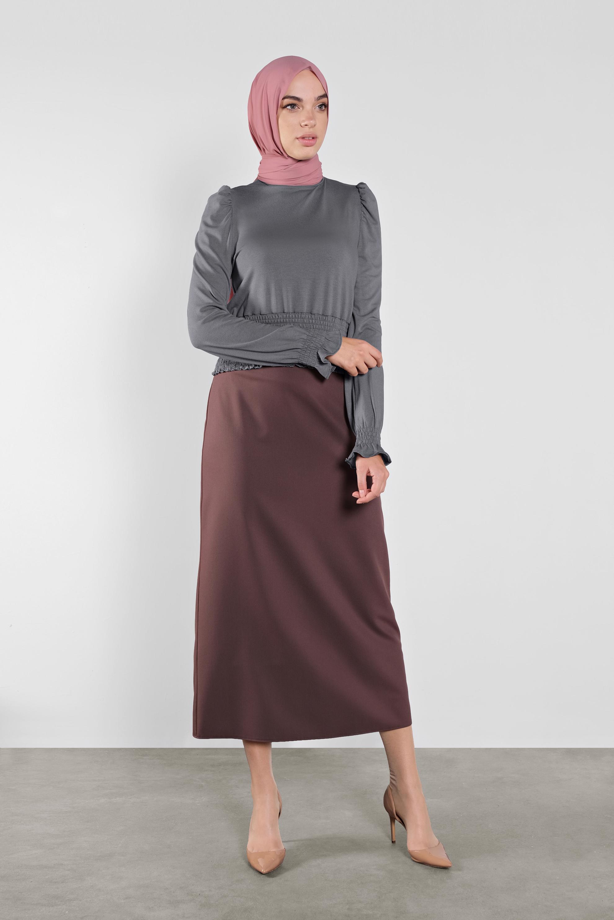 Tesettür giyim GRİ BEL KISMI LASTİKLİ BLUZ 41209