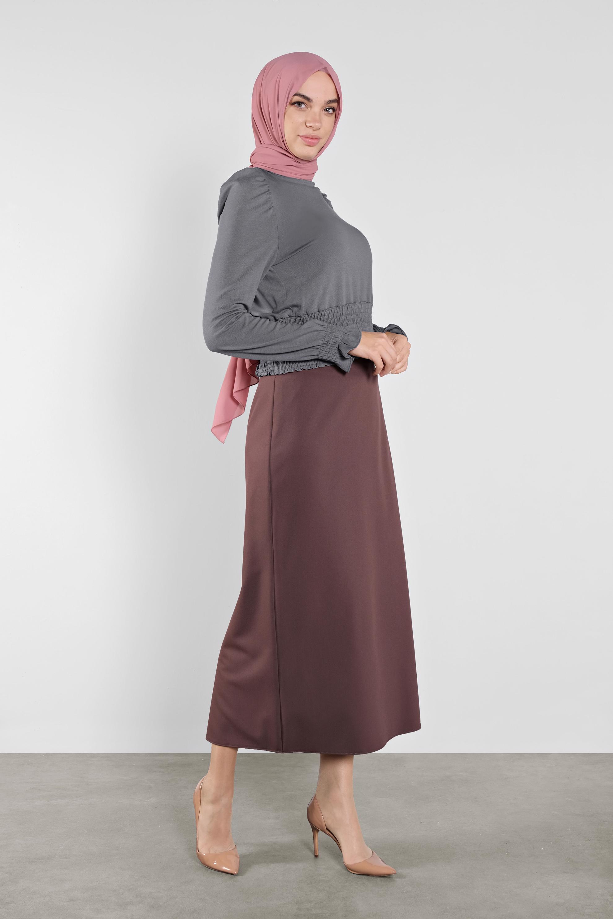 Tesettür giyim GRİ BEL KISMI LASTİKLİ BLUZ 41209