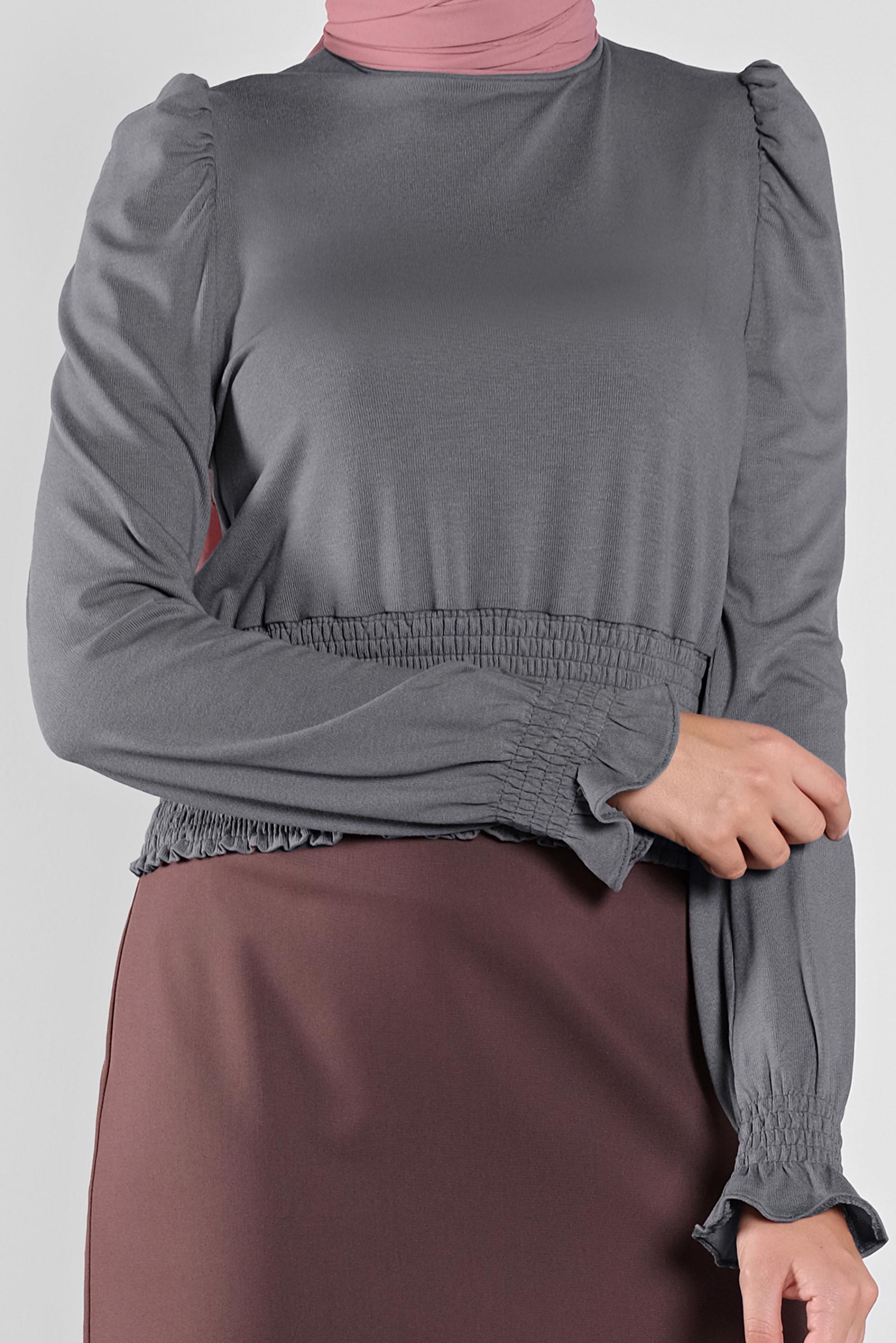 Tesettür giyim GRİ BEL KISMI LASTİKLİ BLUZ 41209