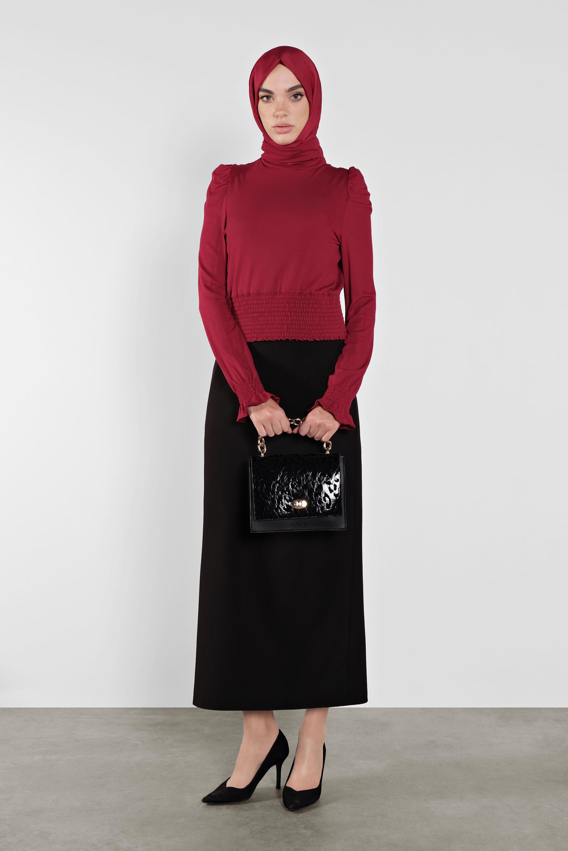 Tesettür giyim BORDO BEL KISMI LASTİKLİ BLUZ 41209