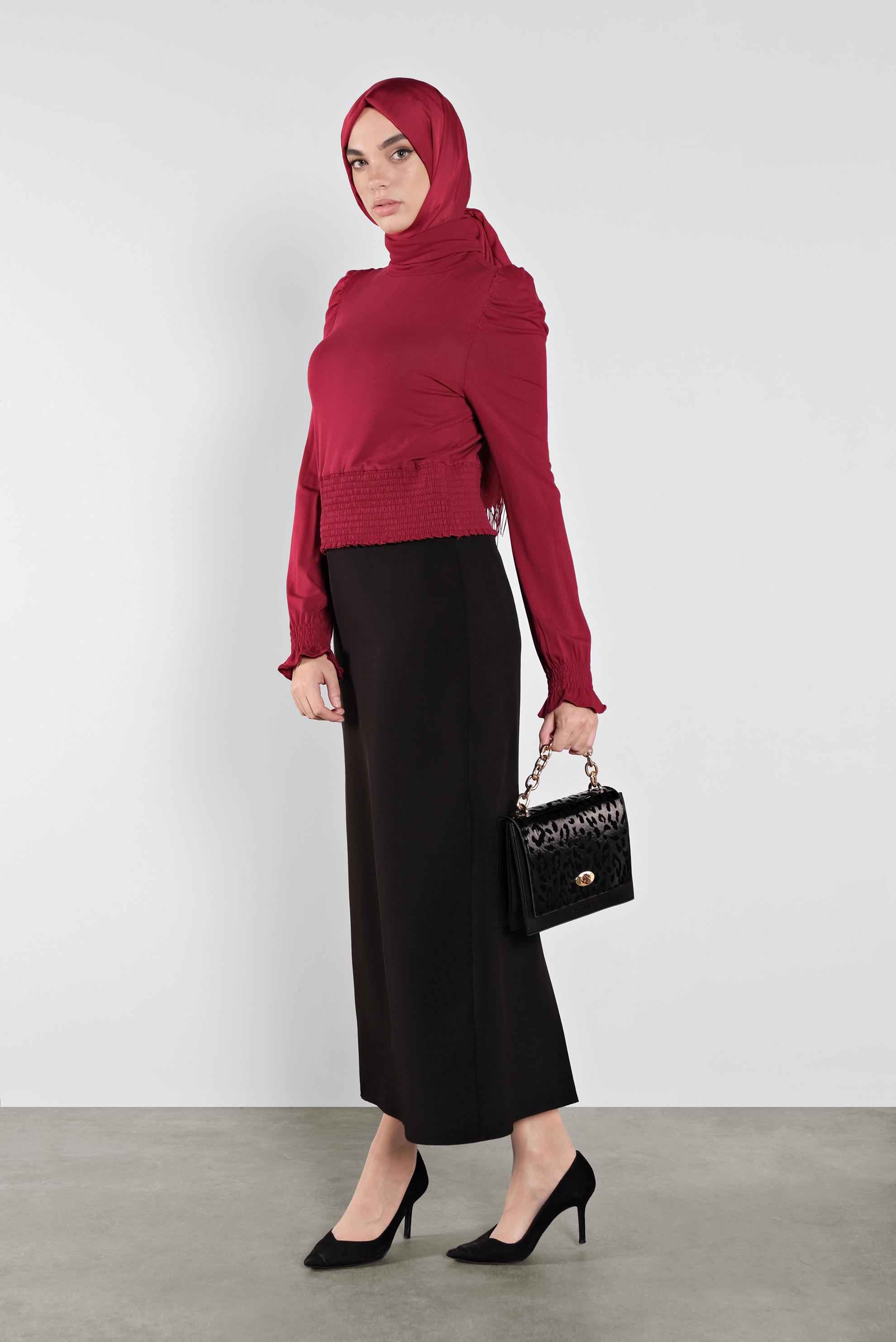 Tesettür giyim BORDO BEL KISMI LASTİKLİ BLUZ 41209