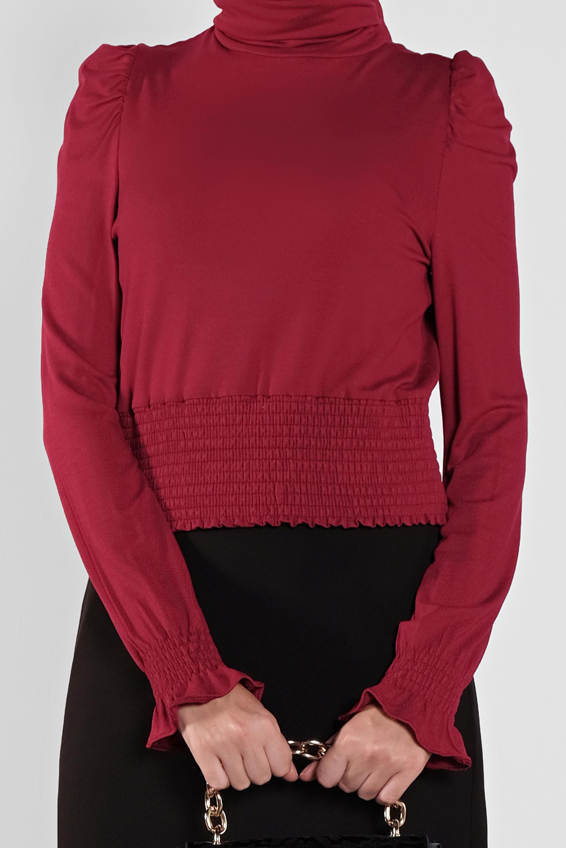 Tesettür giyim BORDO BEL KISMI LASTİKLİ BLUZ 41209